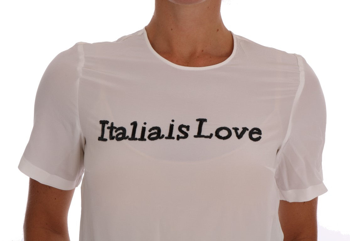 Silk Sequined 'Italia Is Love' White Blouse - GlamHub Luxury and Icon Brand Clothing