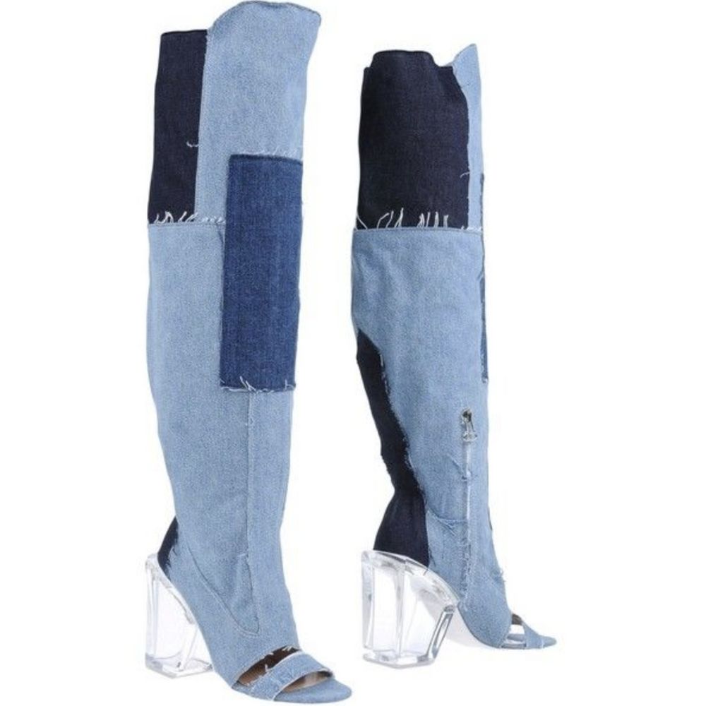 Chic Vintage Denim & Transparent Heel Boots - GLAMHUB BOUTIQUE 