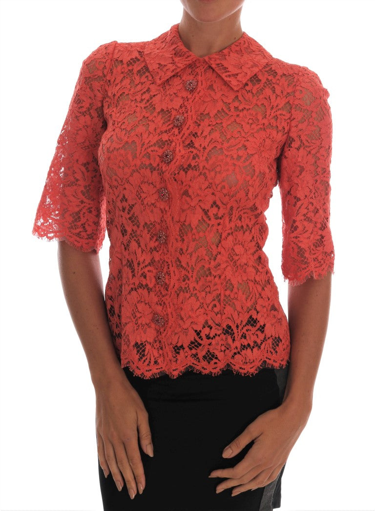 Elegant Orange Floral Lace Crystal Cardigan Blouse - GlamHub Luxury and Icon Brand Clothing