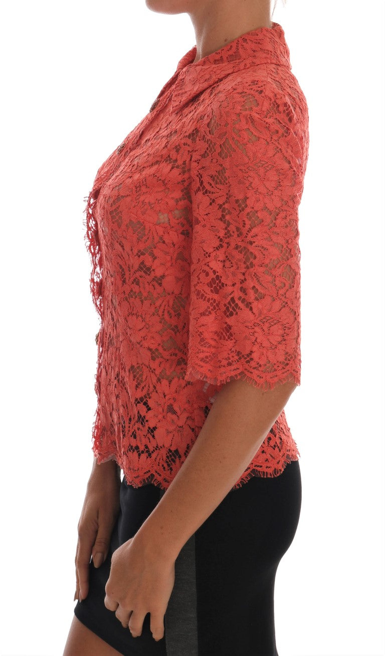 Elegant Orange Floral Lace Crystal Cardigan Blouse - GlamHub Luxury and Icon Brand Clothing