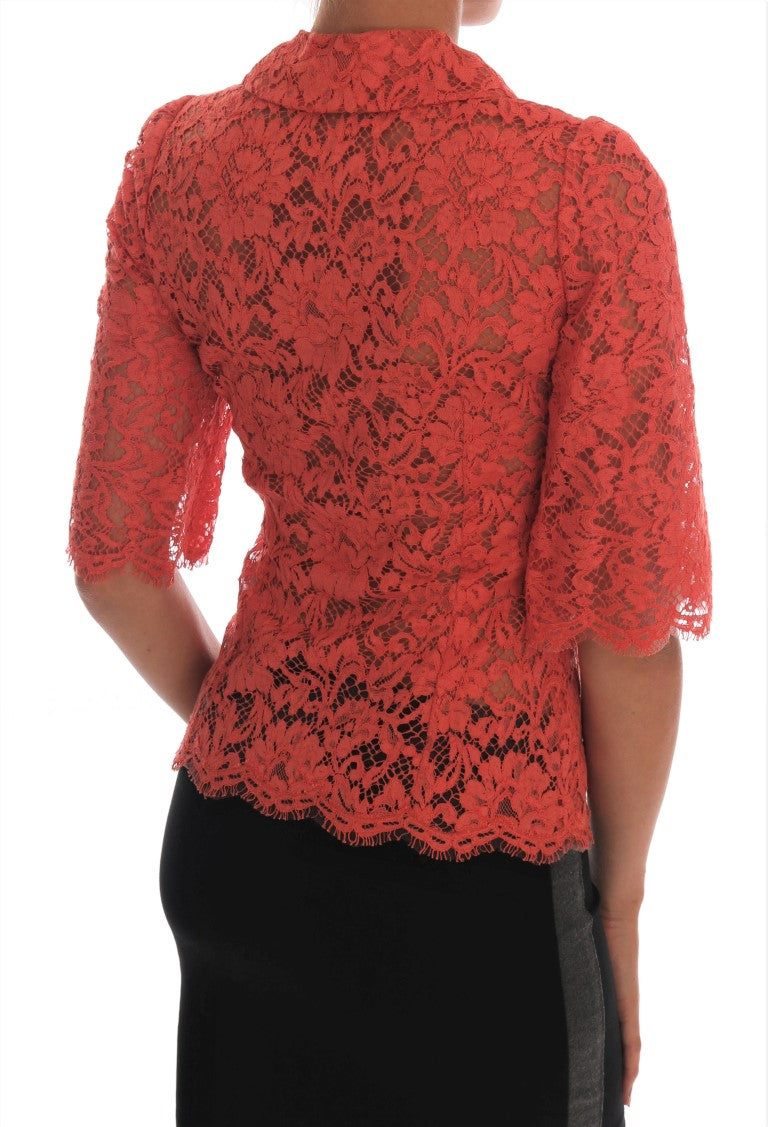 Elegant Orange Floral Lace Crystal Cardigan Blouse - GlamHub Luxury and Icon Brand Clothing