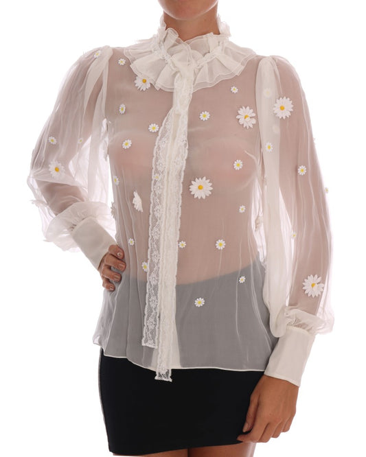 Elegant White Silk Daisy Blouse - GlamHub Luxury and Icon Brand Clothing