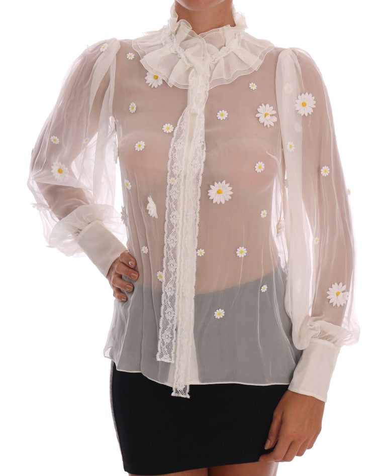 Elegant White Silk Daisy Blouse - GlamHub Luxury and Icon Brand Clothing