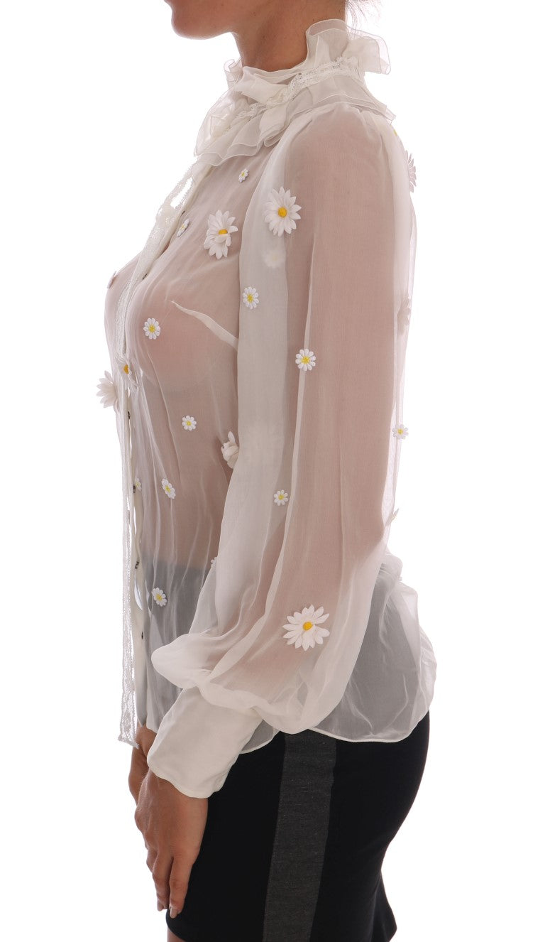 Elegant White Silk Daisy Blouse - GlamHub Luxury and Icon Brand Clothing