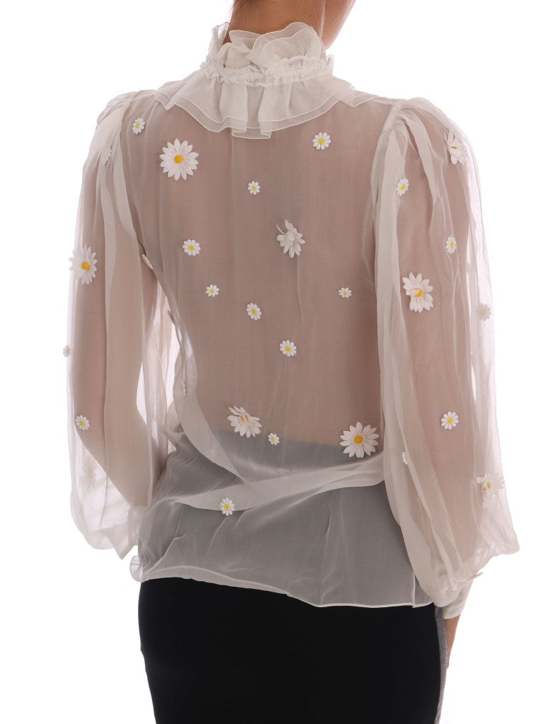 Elegant White Silk Daisy Blouse - GlamHub Luxury and Icon Brand Clothing