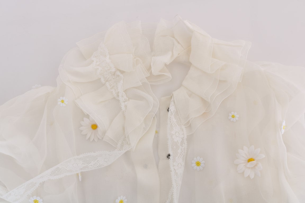 Elegant White Silk Daisy Blouse - GlamHub Luxury and Icon Brand Clothing