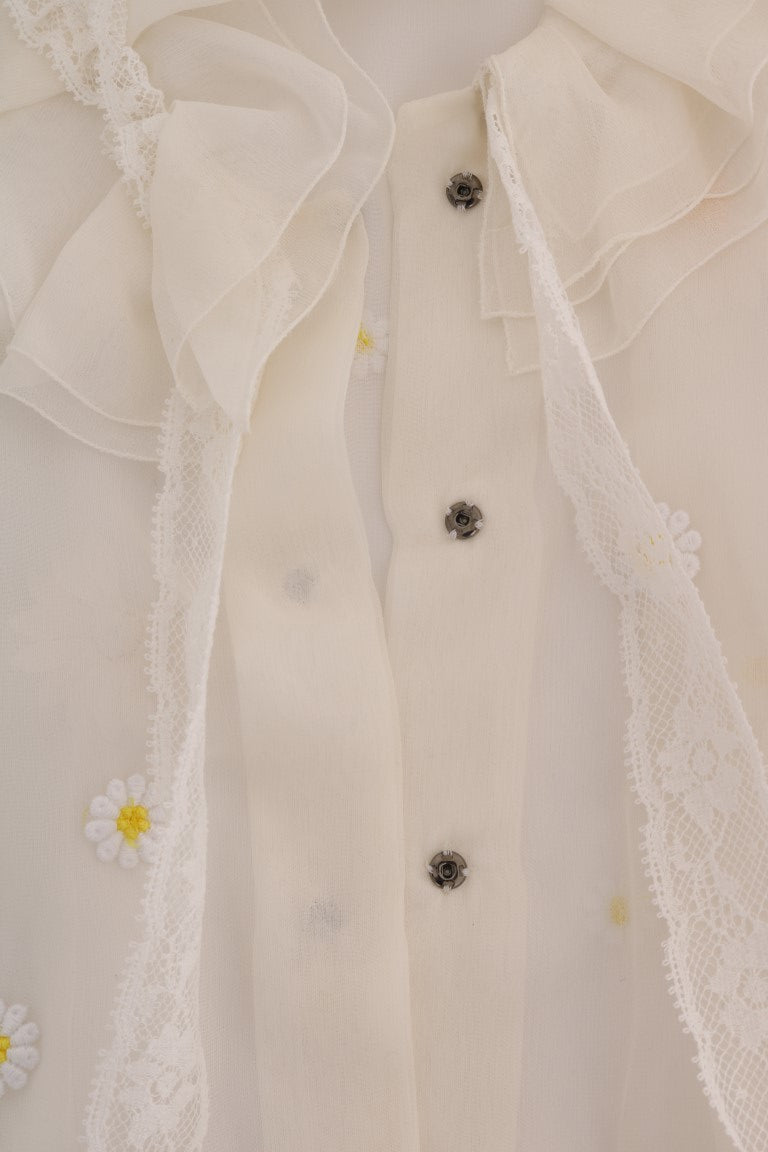 Elegant White Silk Daisy Blouse - GlamHub Luxury and Icon Brand Clothing