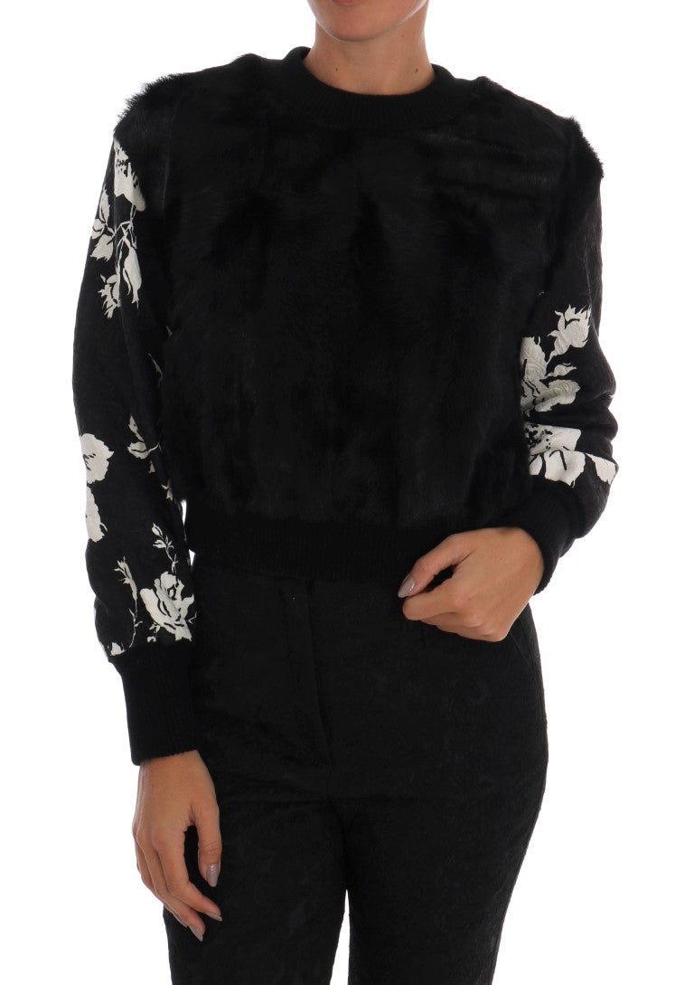 Floral Brocade Black Fur Sweater - GlamHub Luxury and Icon Brand Clothing