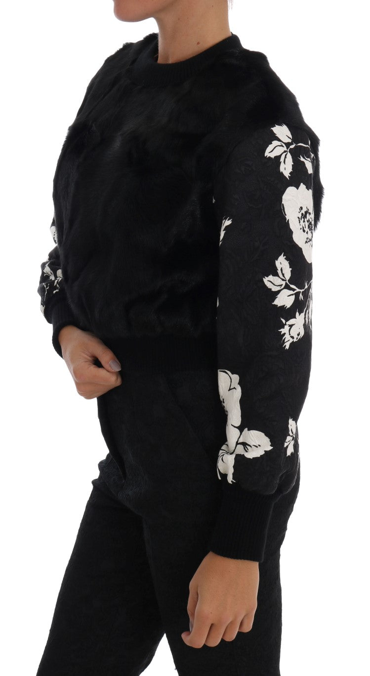 Floral Brocade Black Fur Sweater - GlamHub Luxury and Icon Brand Clothing