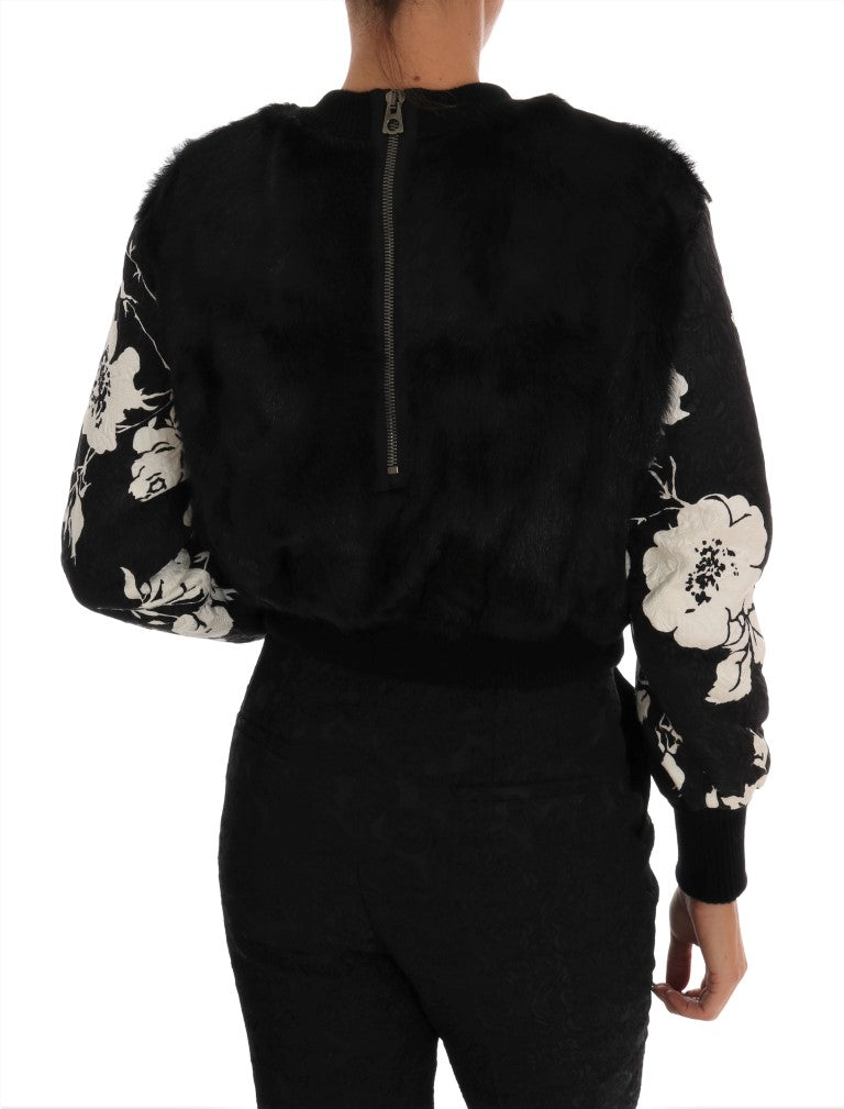 Floral Brocade Black Fur Sweater - GlamHub Luxury and Icon Brand Clothing