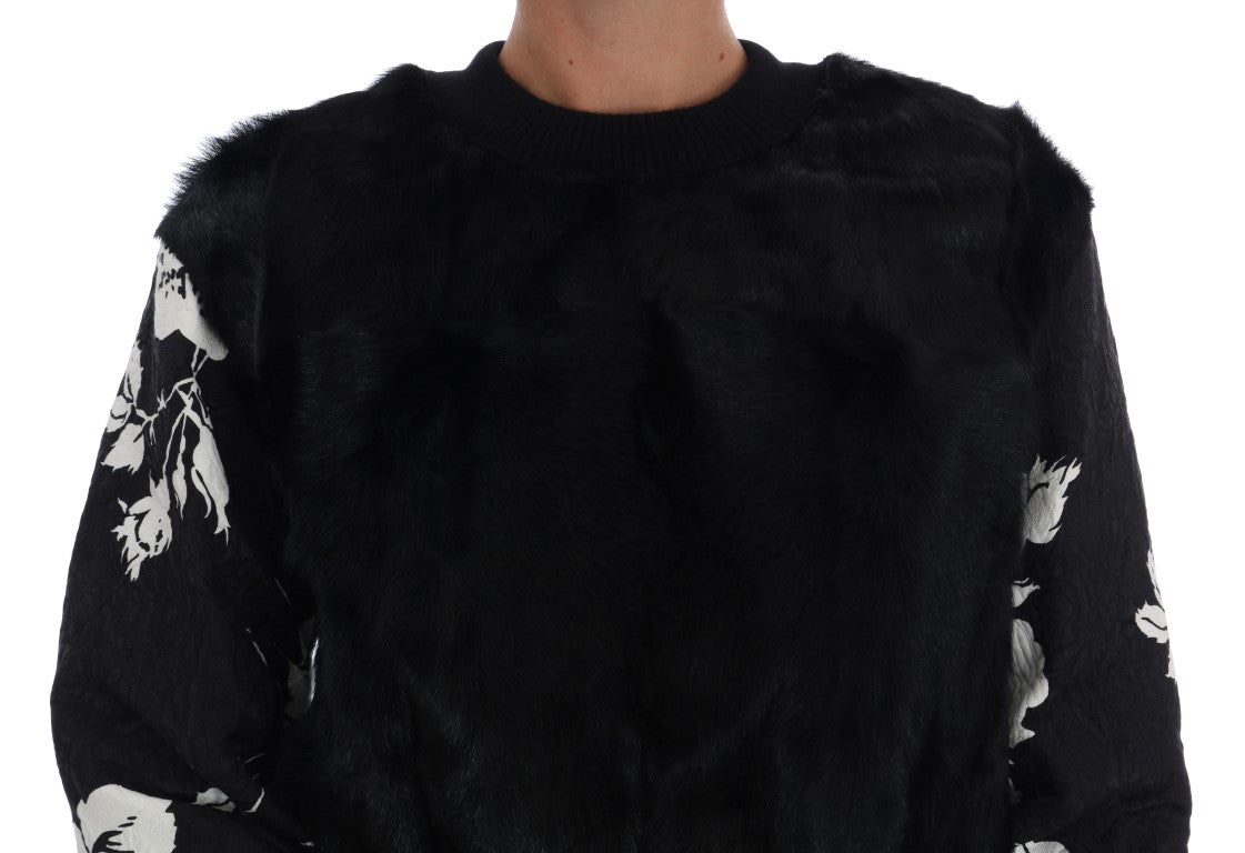 Floral Brocade Black Fur Sweater - GlamHub Luxury and Icon Brand Clothing