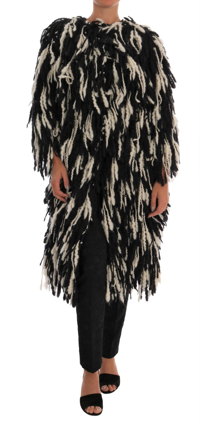 Black and White Fringed Wool Coat Jacket - GlamHub Luxury and Icon Brand Clothing