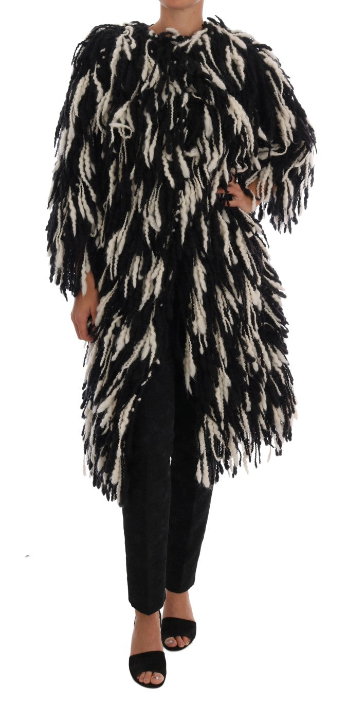 Black and White Fringed Wool Coat Jacket - GlamHub Luxury and Icon Brand Clothing