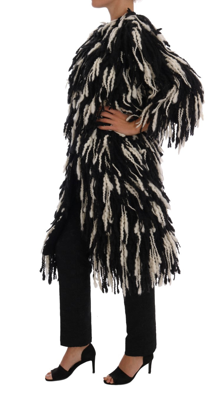 Black and White Fringed Wool Coat Jacket - GlamHub Luxury and Icon Brand Clothing