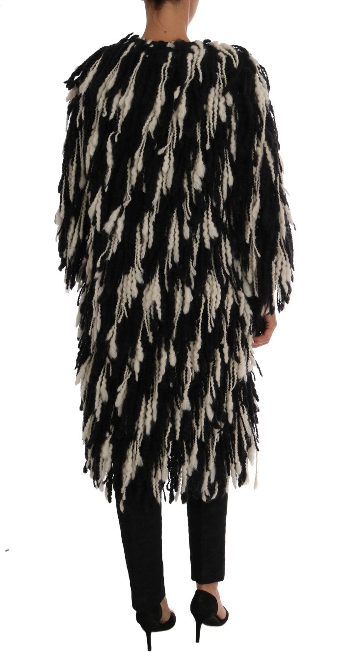 Black and White Fringed Wool Coat Jacket - GlamHub Luxury and Icon Brand Clothing