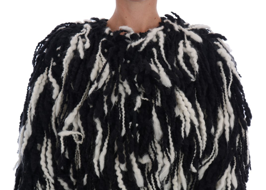 Black and White Fringed Wool Coat Jacket - GlamHub Luxury and Icon Brand Clothing