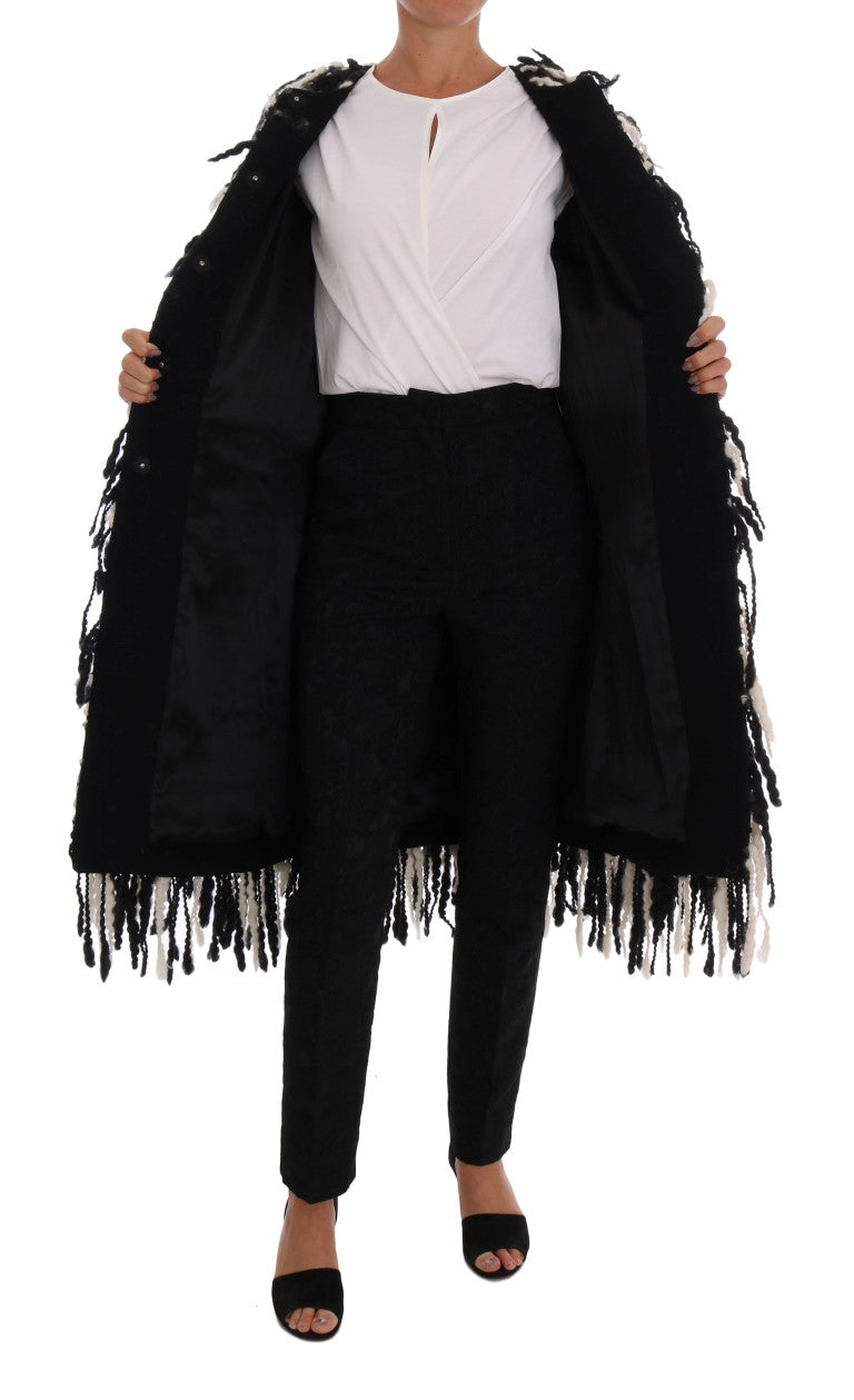 Black and White Fringed Wool Coat Jacket - GlamHub Luxury and Icon Brand Clothing