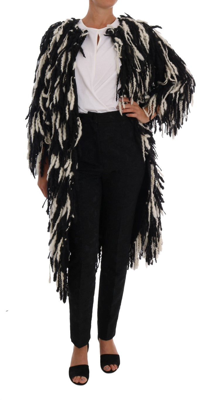 Black and White Fringed Wool Coat Jacket - GlamHub Luxury and Icon Brand Clothing