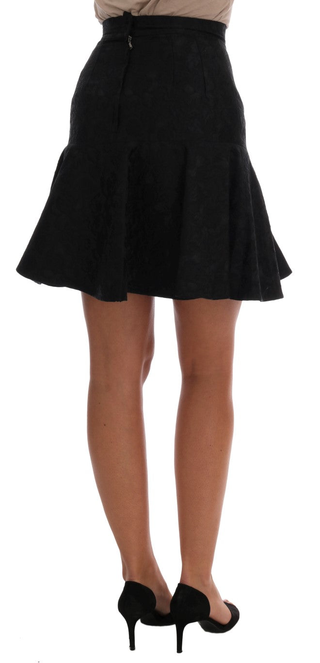 Elegant Black Floral Jacquard A-Line Skirt - GlamHub Luxury and Icon Brand Clothing