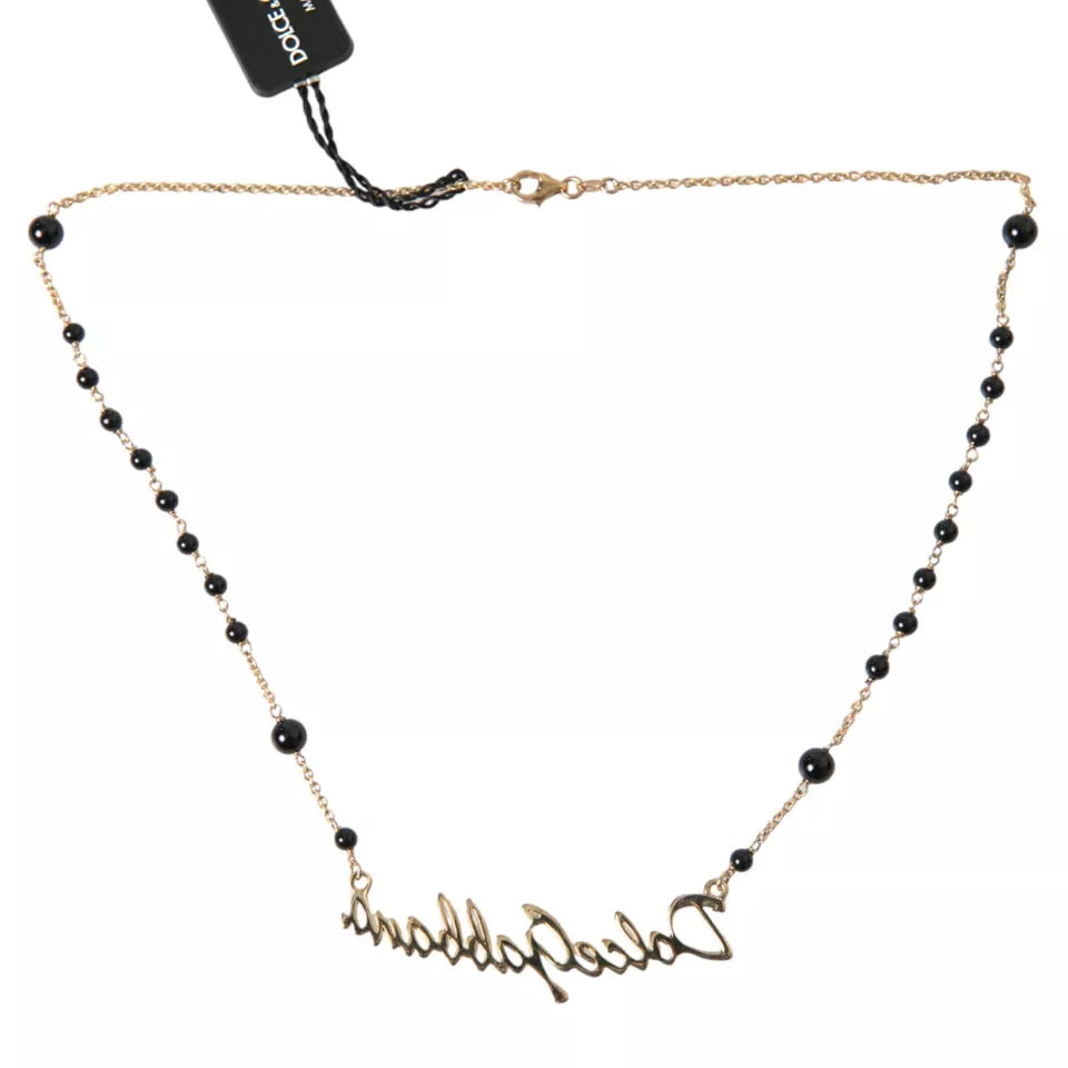 Gold Sterling Silver 925 Black Beaded Rosary Chain Necklace