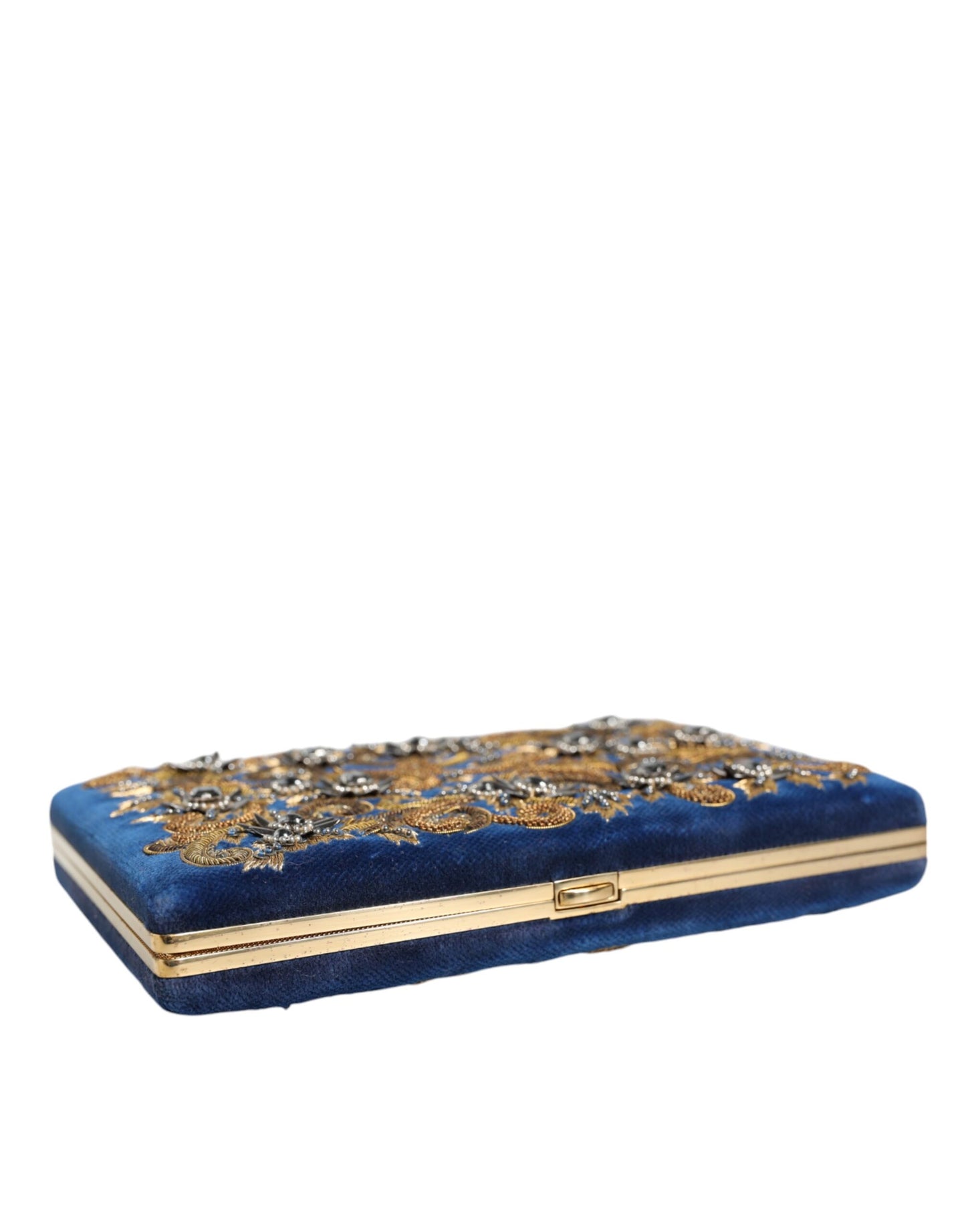 Blaue Clutch aus Samt mit Goldrahmen, für Abendpartys