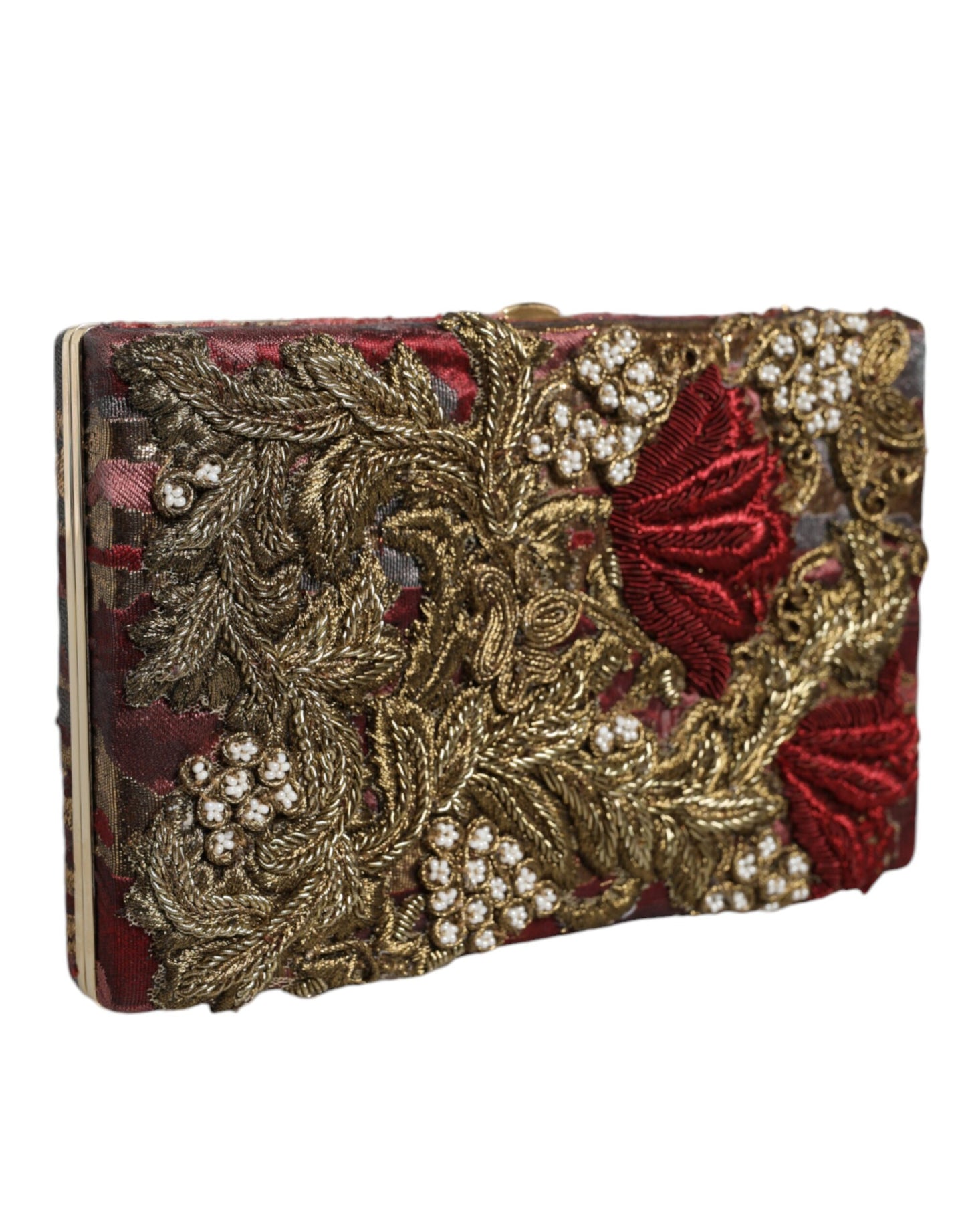 Abendtasche mit Jacquard-Clutch und goldenem Blumenmuster in Kastanienbraun und Gold