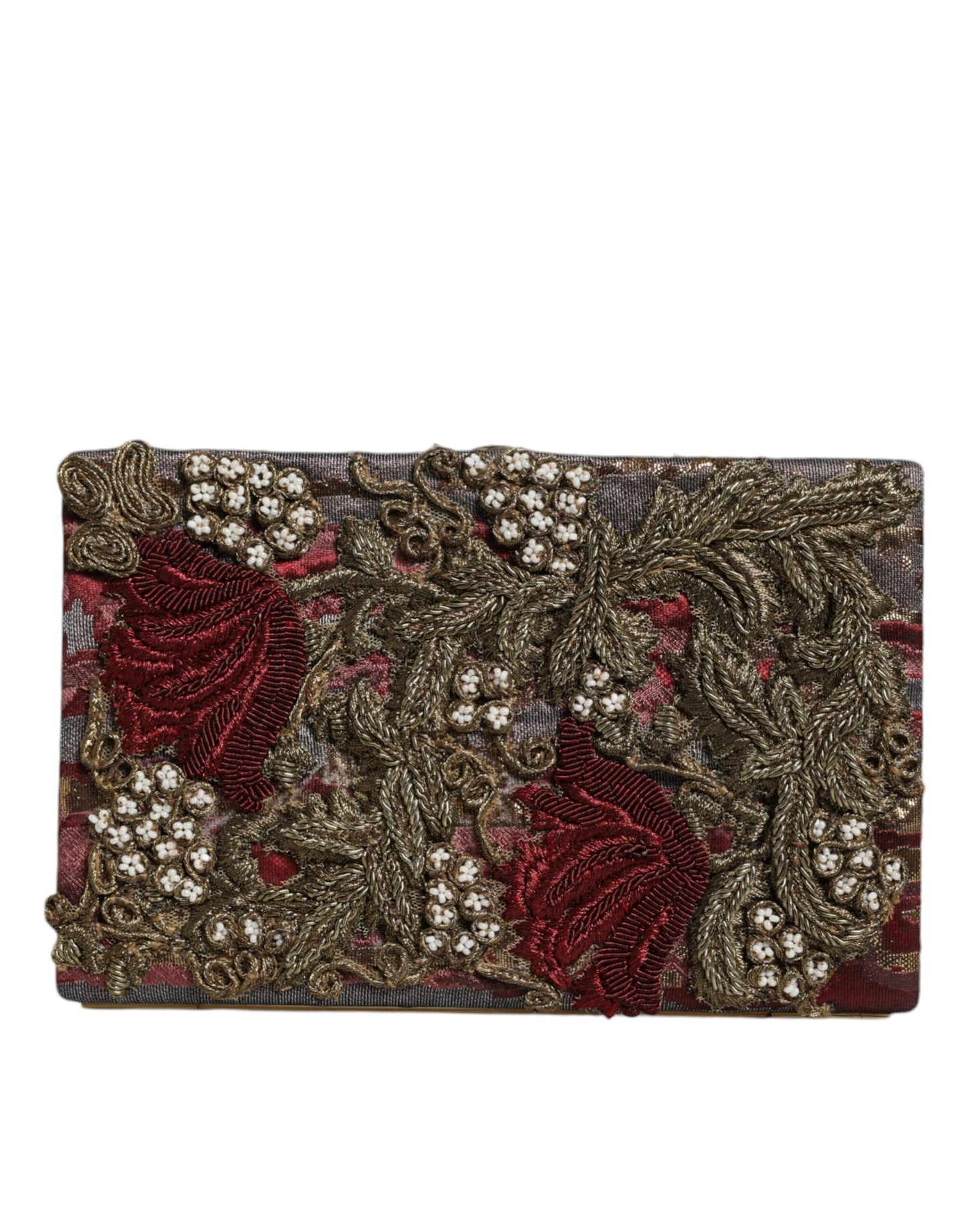 Abendtasche mit Jacquard-Clutch und goldenem Blumenmuster in Kastanienbraun und Gold