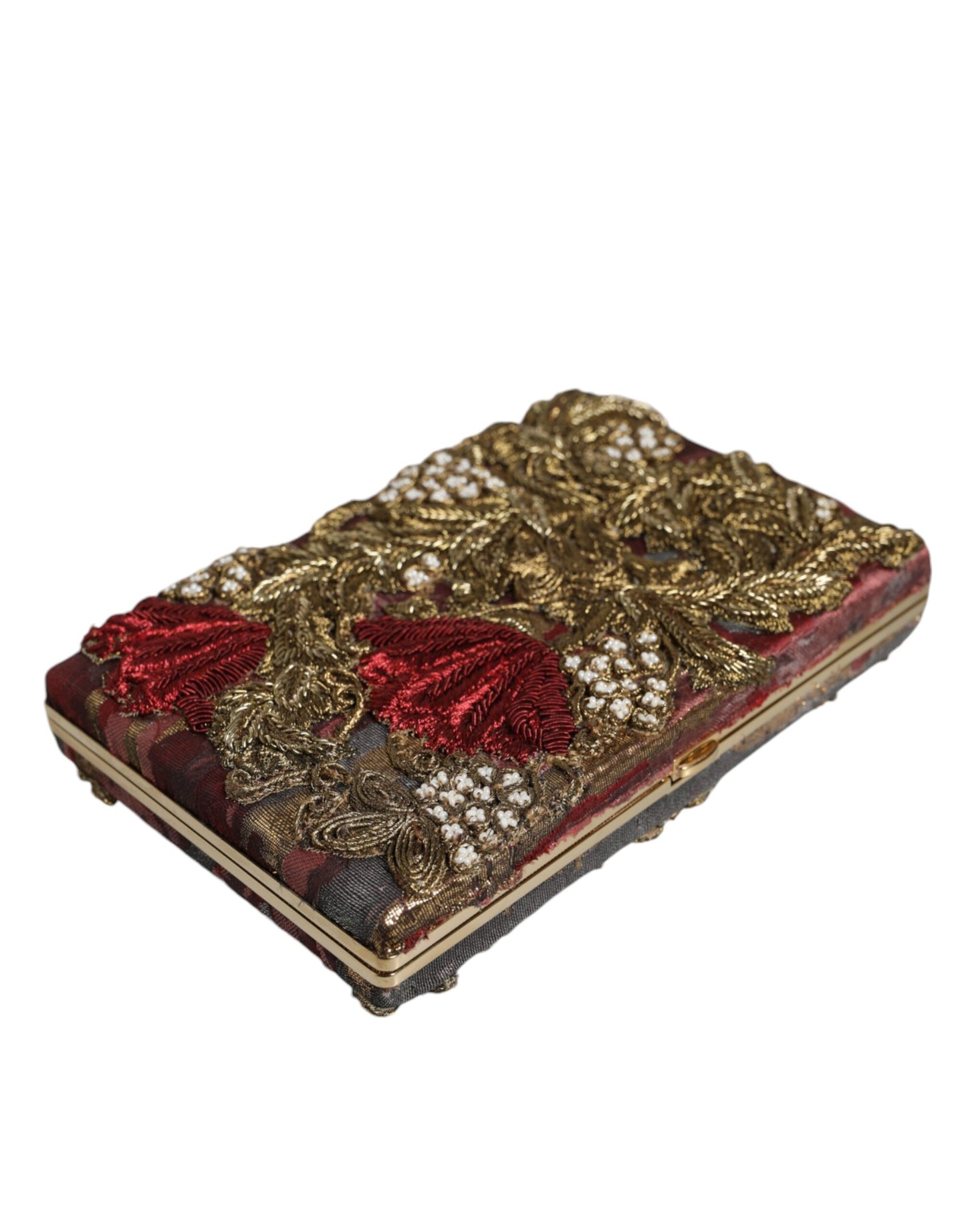 Abendtasche mit Jacquard-Clutch und goldenem Blumenmuster in Kastanienbraun und Gold