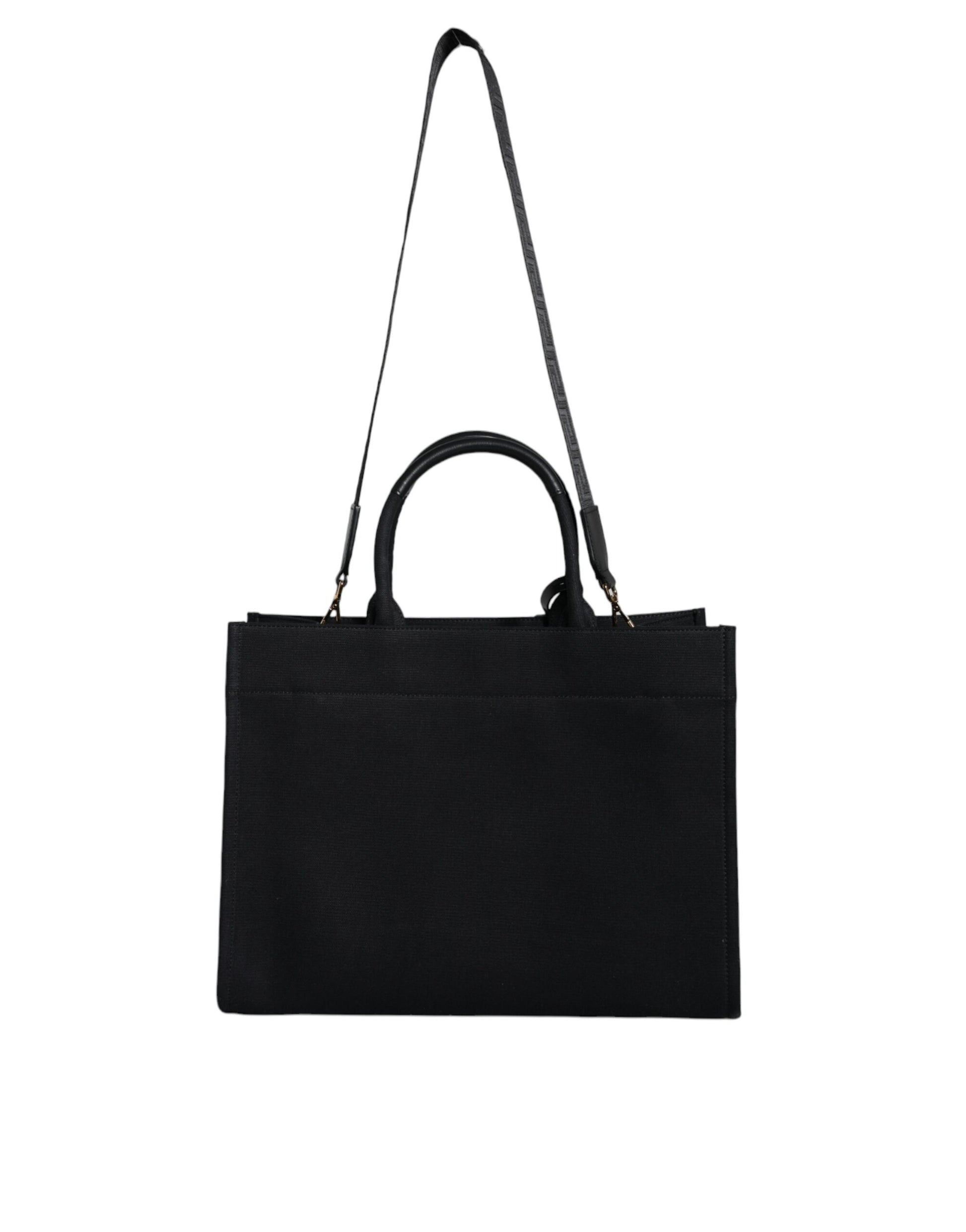 Black Top Handle Canvas Leather Logo Crossbody Tote Bag - GLAMHUB BOUTIQUE 