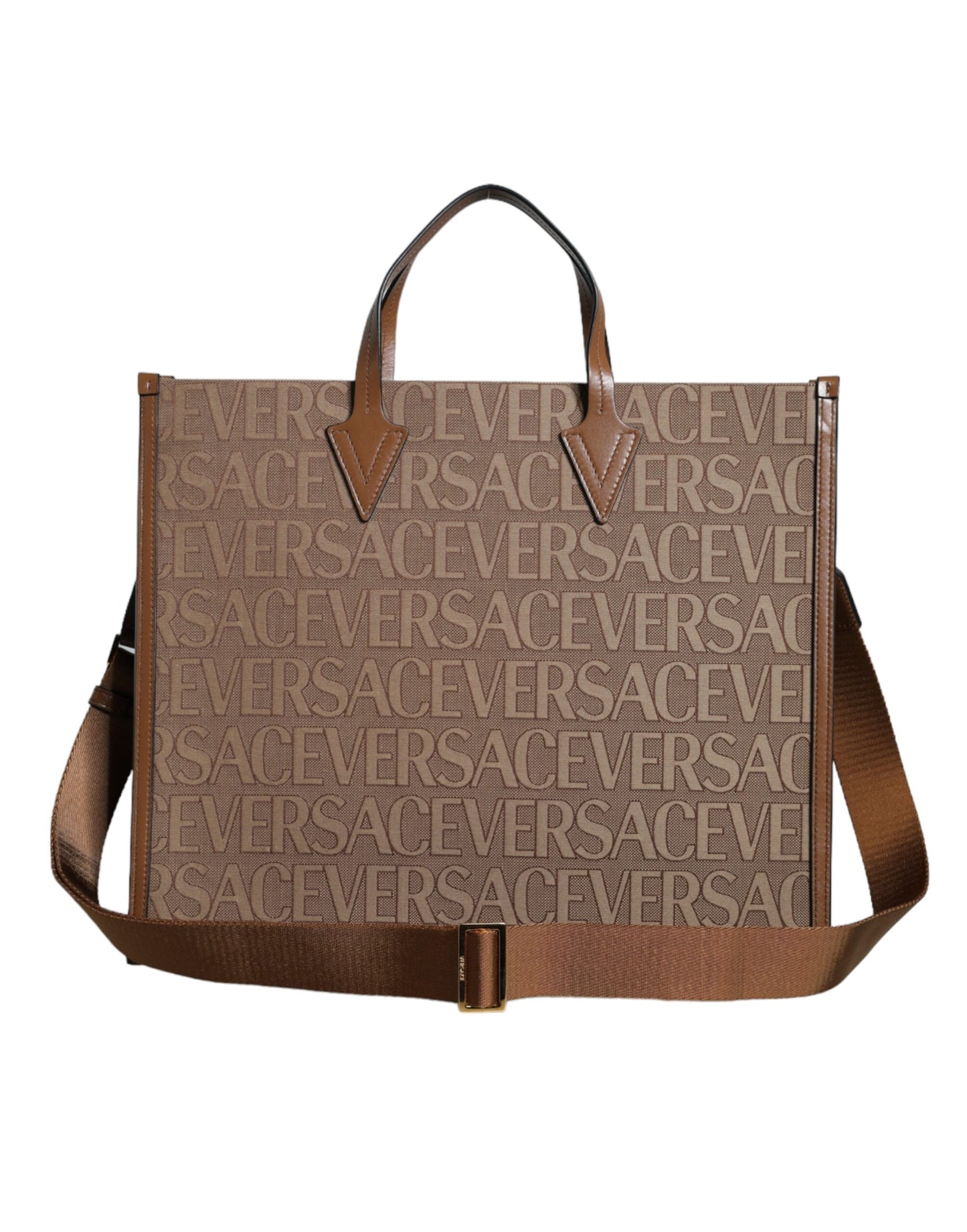 Brown Top Handle Jacquard Leather Logo Crossbody Tote Bag - GLAMHUB BOUTIQUE 