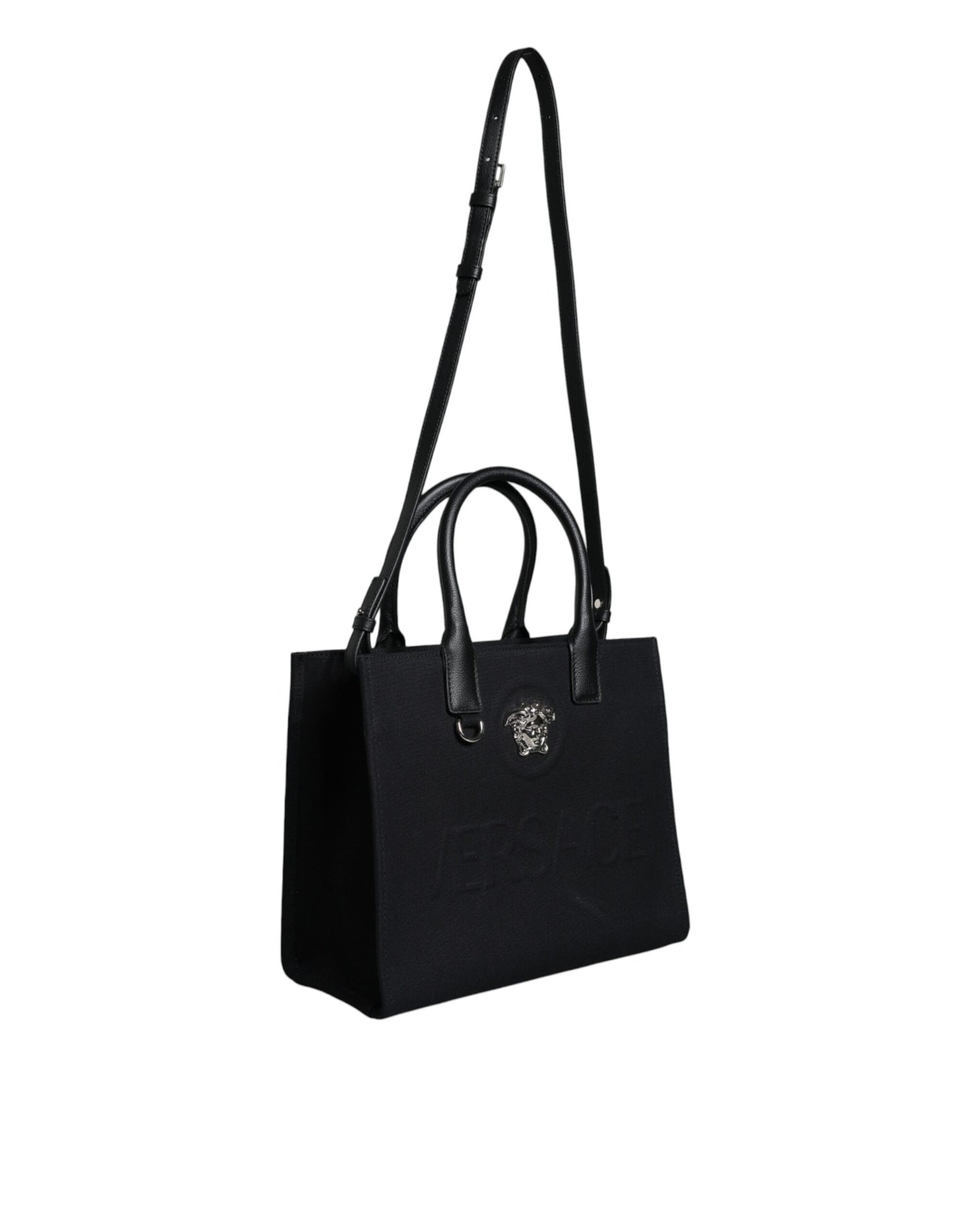 Black Top Handle Canvas Leather Logo Crossbody Tote Bag - GLAMHUB BOUTIQUE 