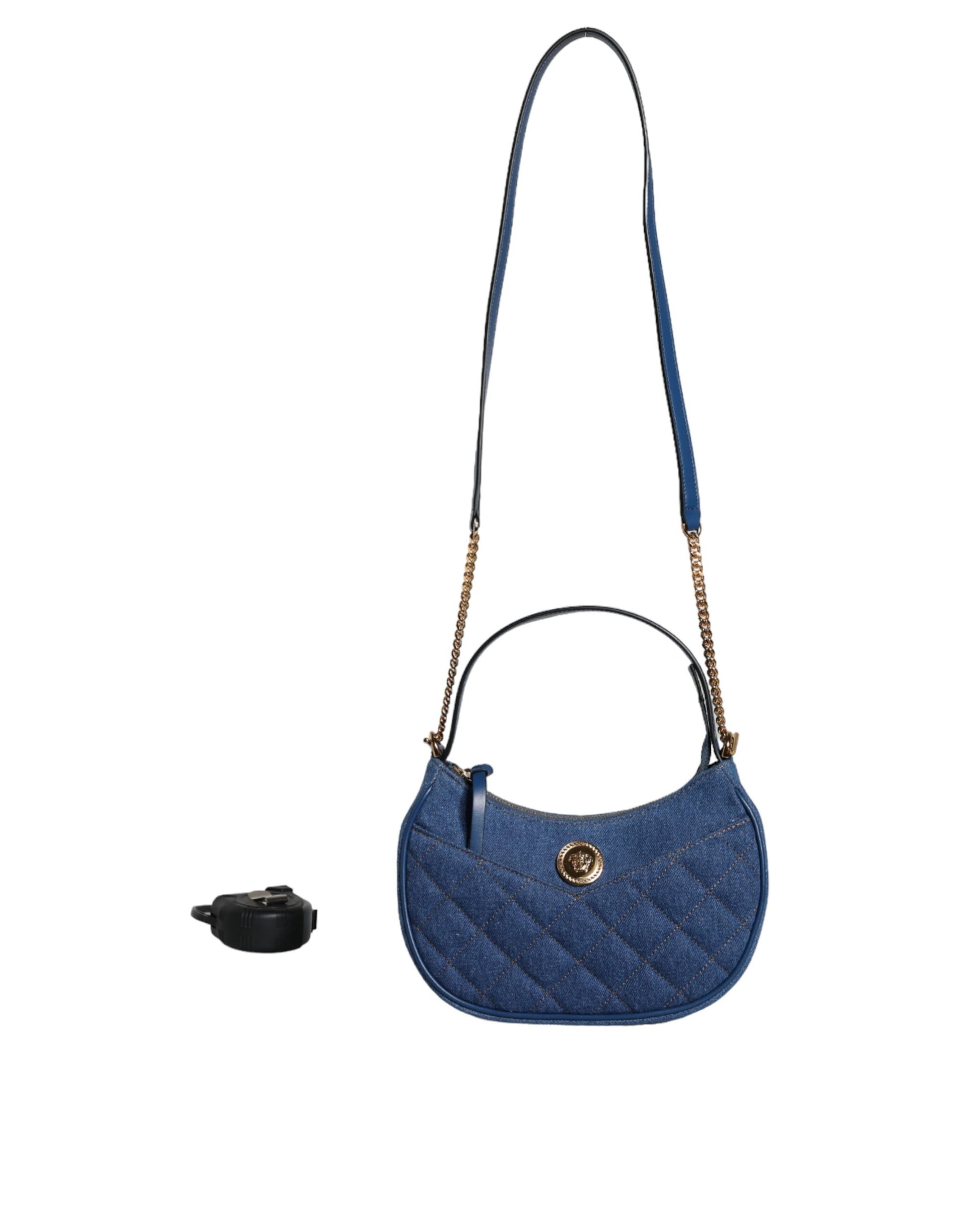 Blue Quilted Denim Leather Top Handle Shoulder Bag - GLAMHUB BOUTIQUE 