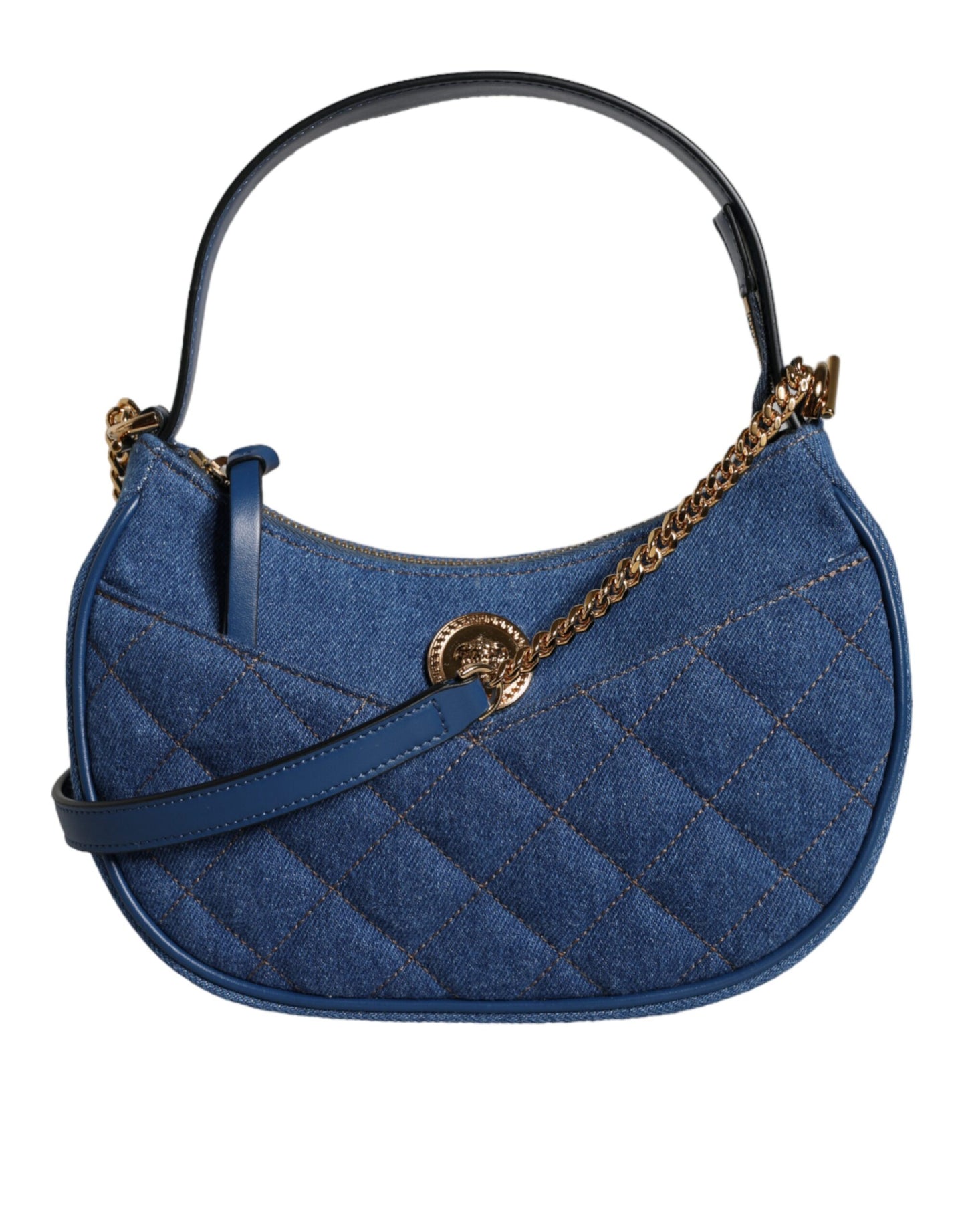 Blue Quilted Denim Leather Top Handle Shoulder Bag - GLAMHUB BOUTIQUE 