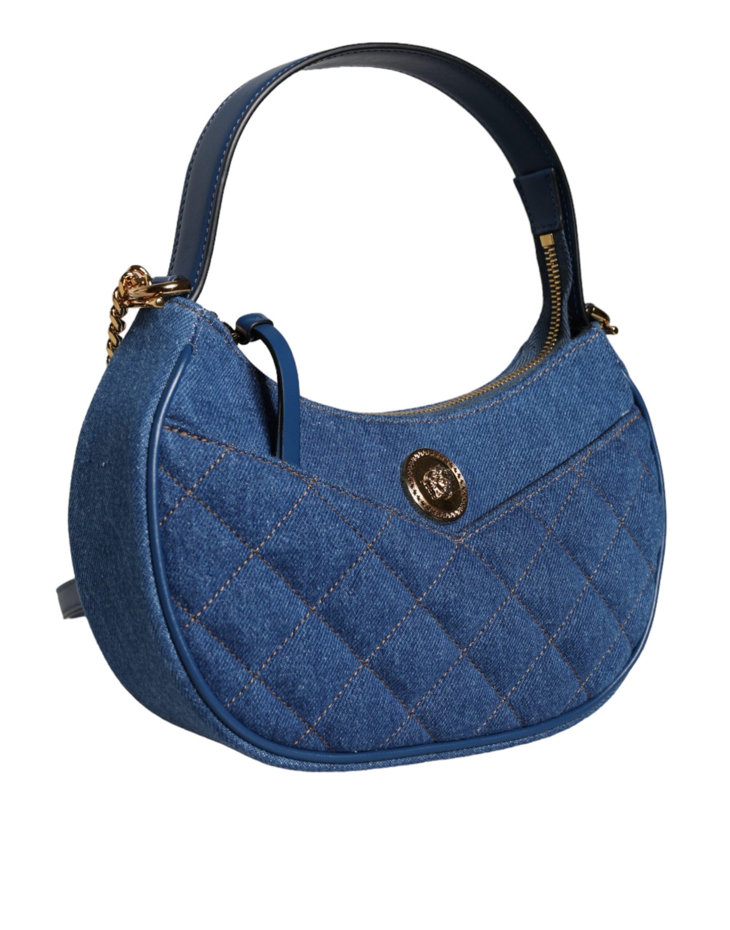 Blue Quilted Denim Leather Top Handle Shoulder Bag - GLAMHUB BOUTIQUE 