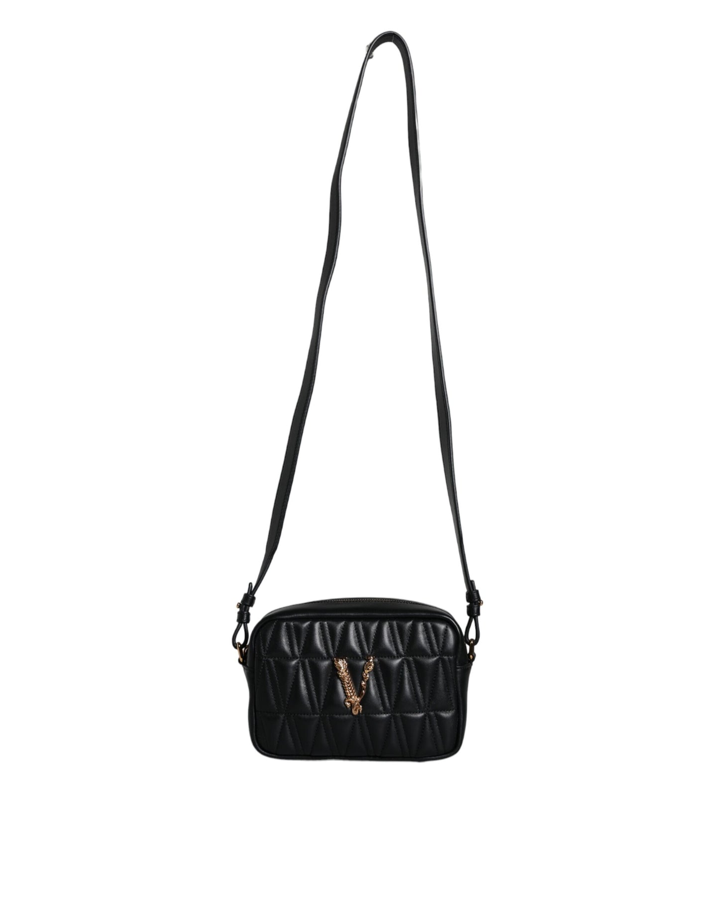 Black Quilted Lamb Leather Camera Case Shoulder Bag - GLAMHUB BOUTIQUE 