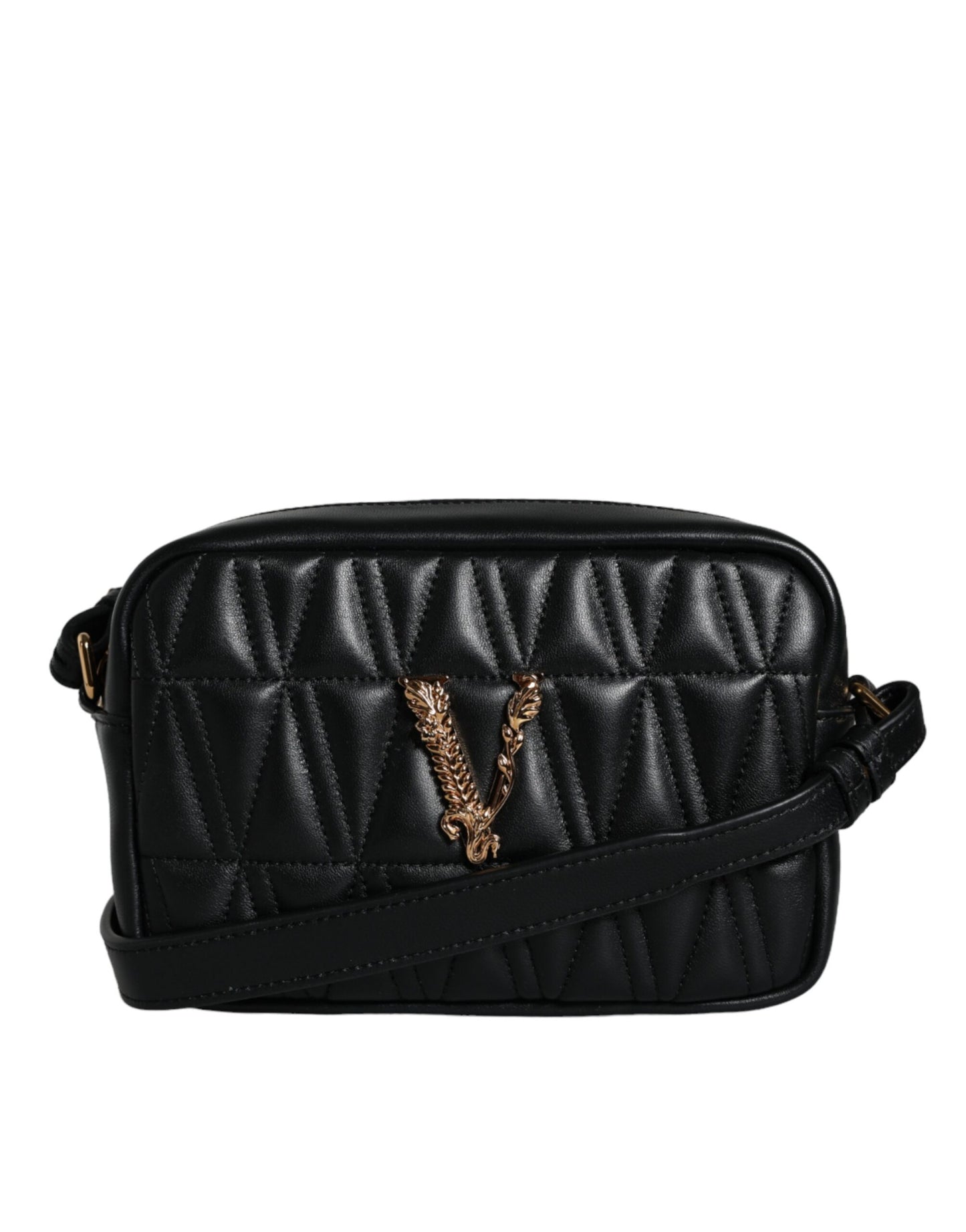 Black Quilted Lamb Leather Camera Case Shoulder Bag - GLAMHUB BOUTIQUE 