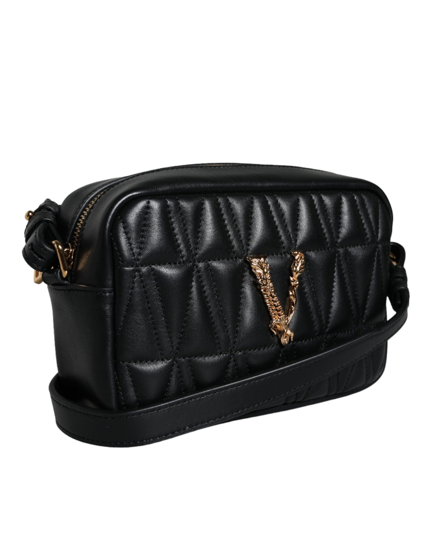 Black Quilted Lamb Leather Camera Case Shoulder Bag - GLAMHUB BOUTIQUE 