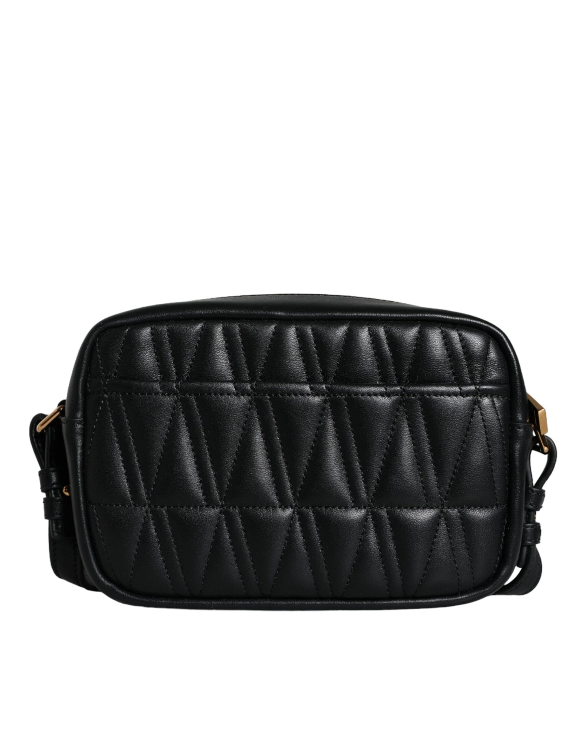 Black Quilted Lamb Leather Camera Case Shoulder Bag - GLAMHUB BOUTIQUE 