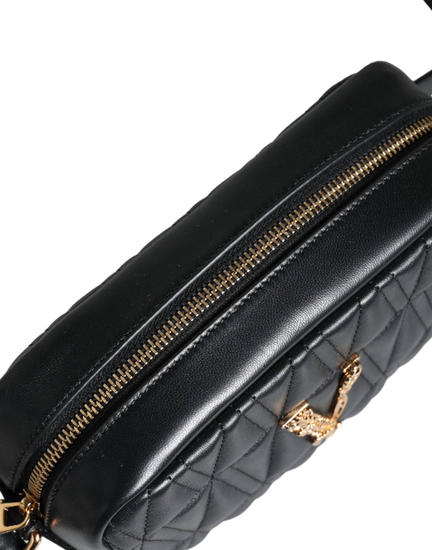 Black Quilted Lamb Leather Camera Case Shoulder Bag - GLAMHUB BOUTIQUE 