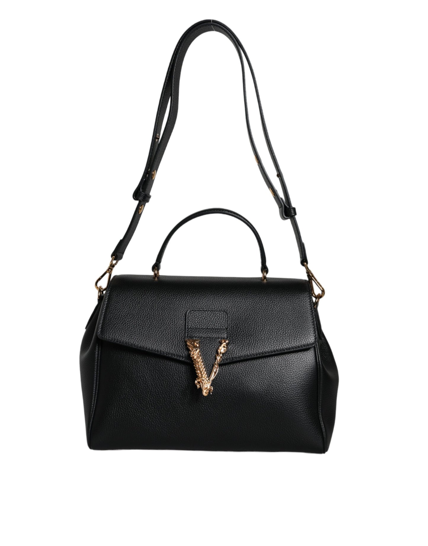 Black Top Handle Grainy Calfskin Leather Crossbody Bag - GLAMHUB BOUTIQUE 