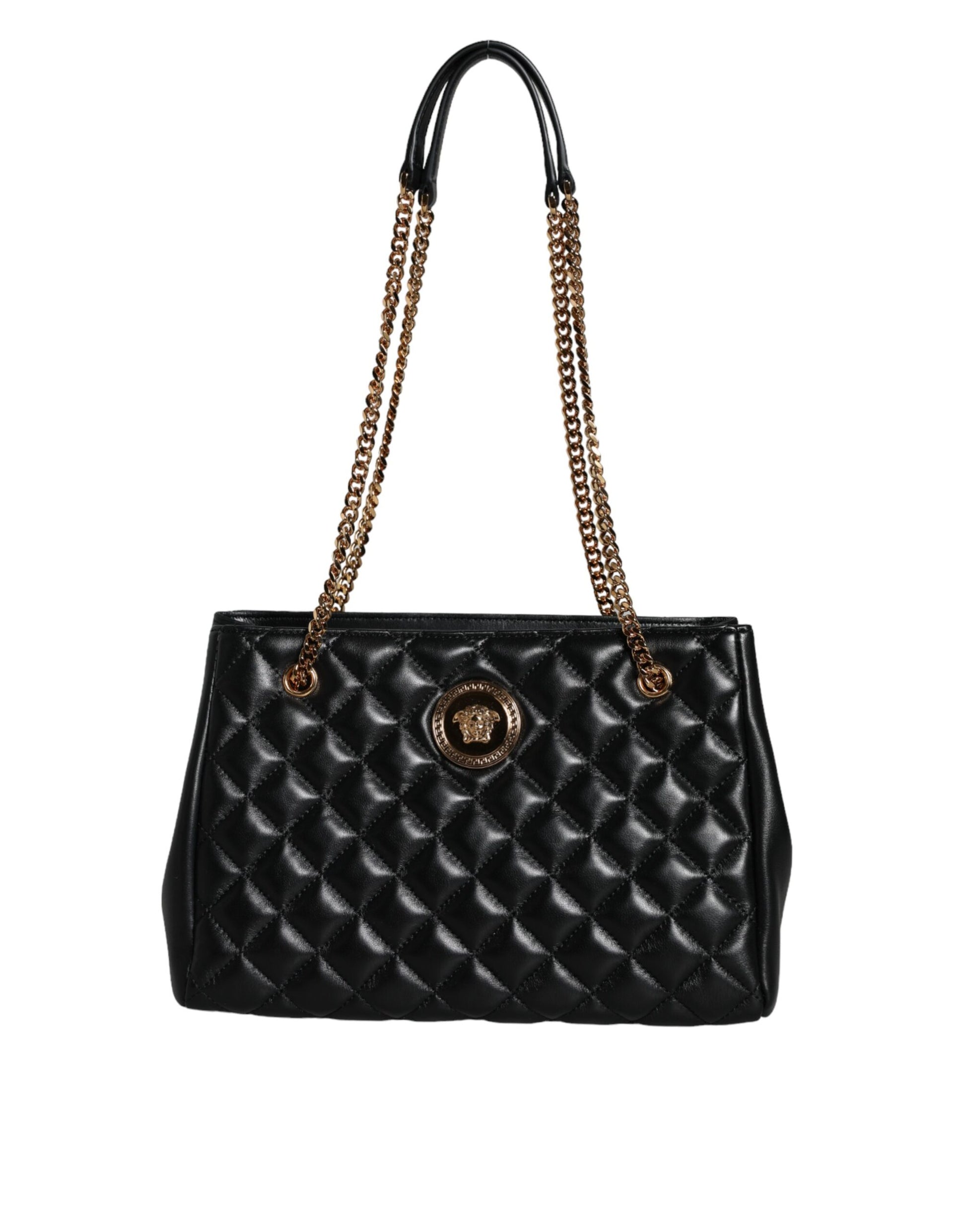 Black Quilted Nappa Leather Shoulder Chain Strap Bag - GLAMHUB BOUTIQUE 