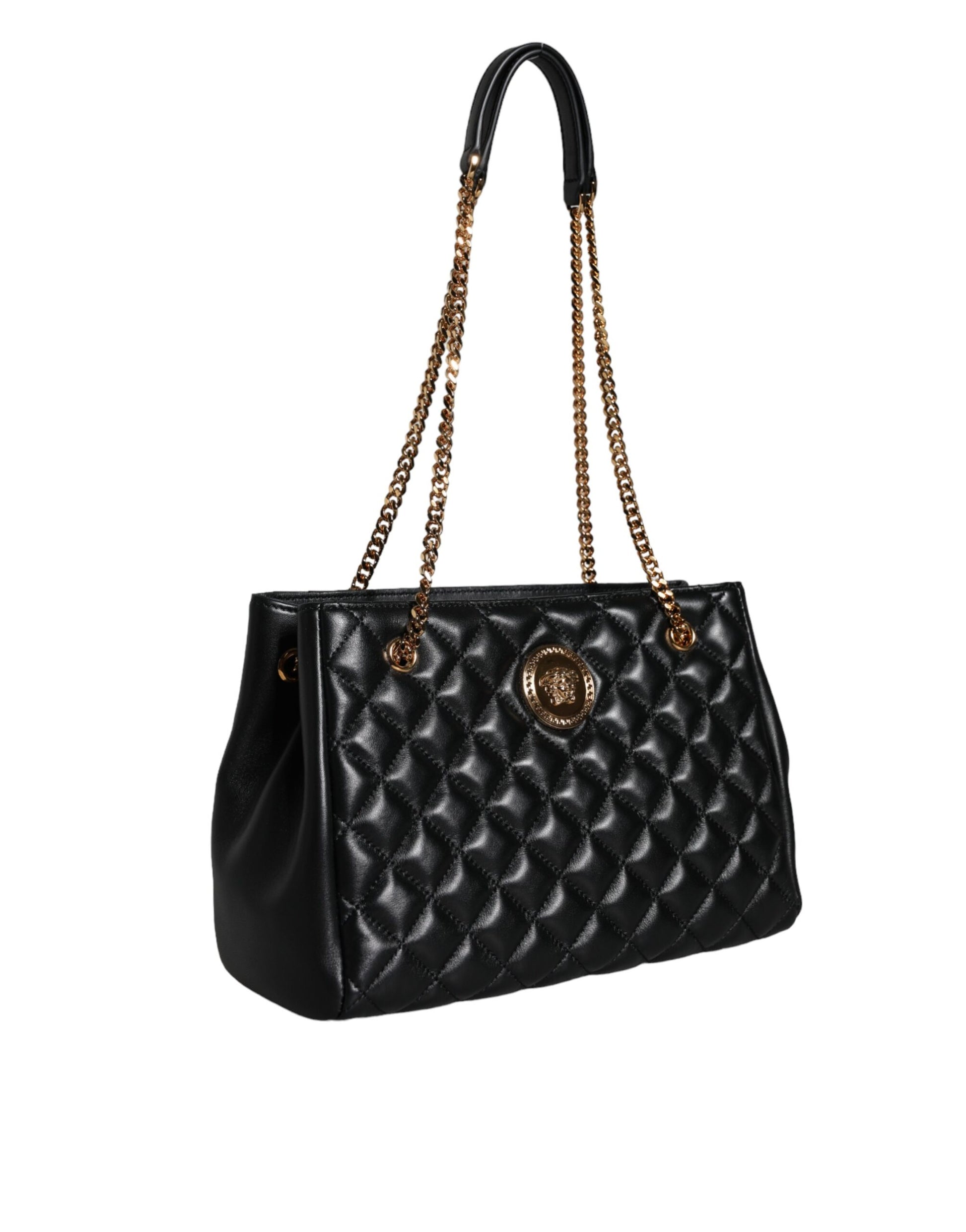 Black Quilted Nappa Leather Shoulder Chain Strap Bag - GLAMHUB BOUTIQUE 