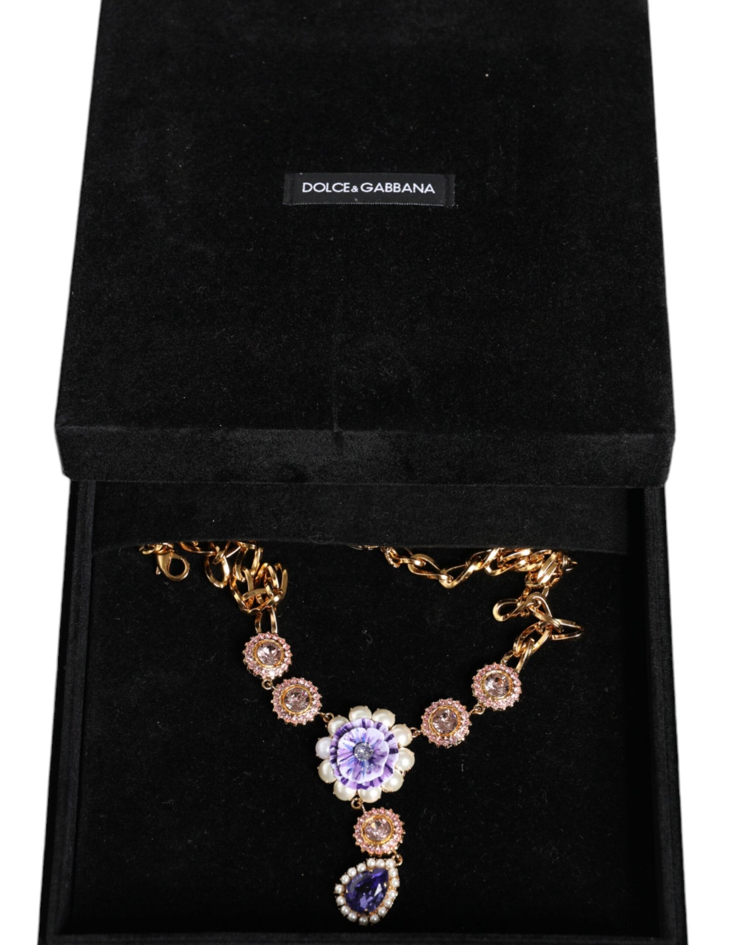 Gold Brass Crystal Purple Pink Pearl Pendants Necklace