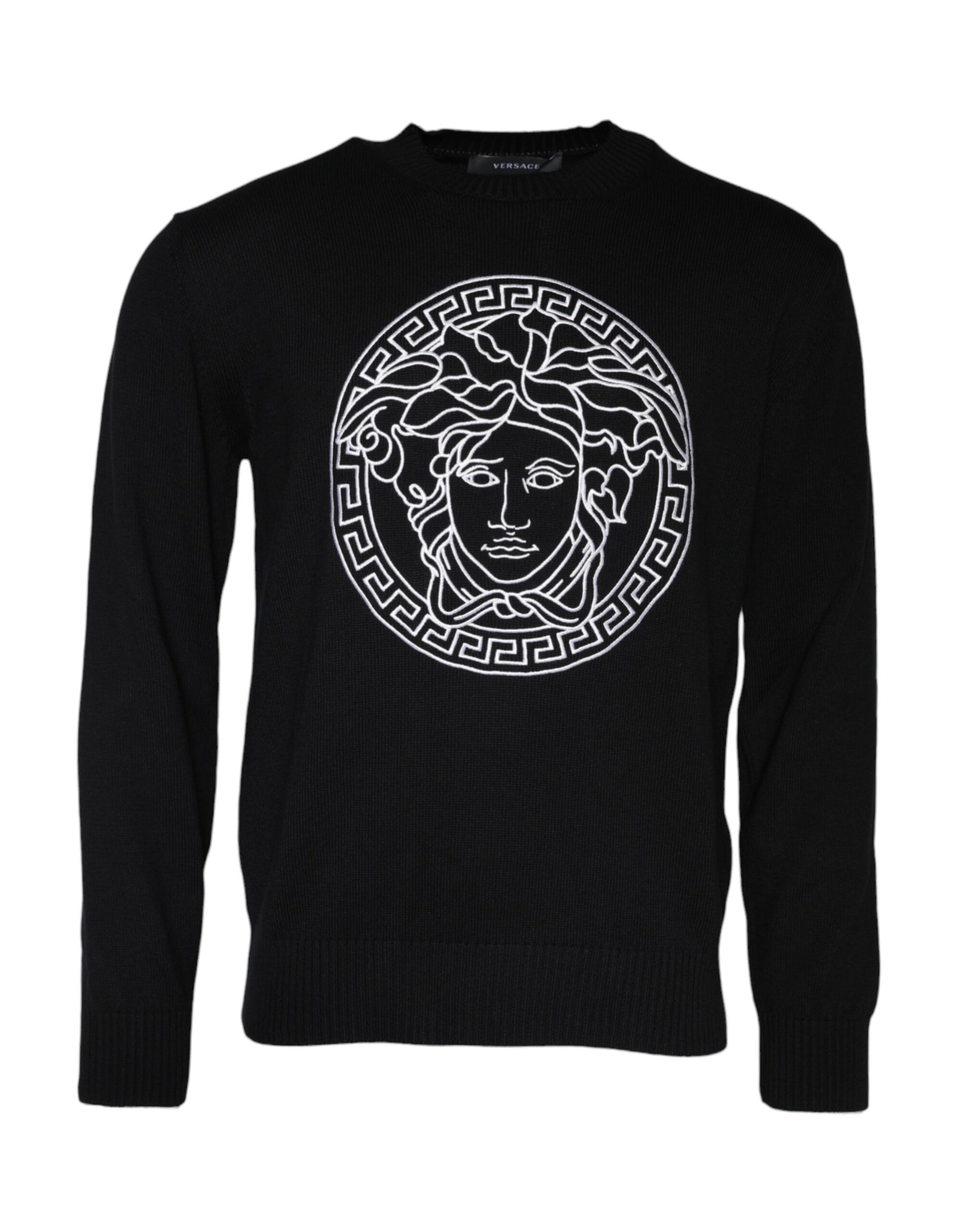 Black Medusa Embroidery Crew Neck Pullover Sweater - GLAMHUB BOUTIQUE 