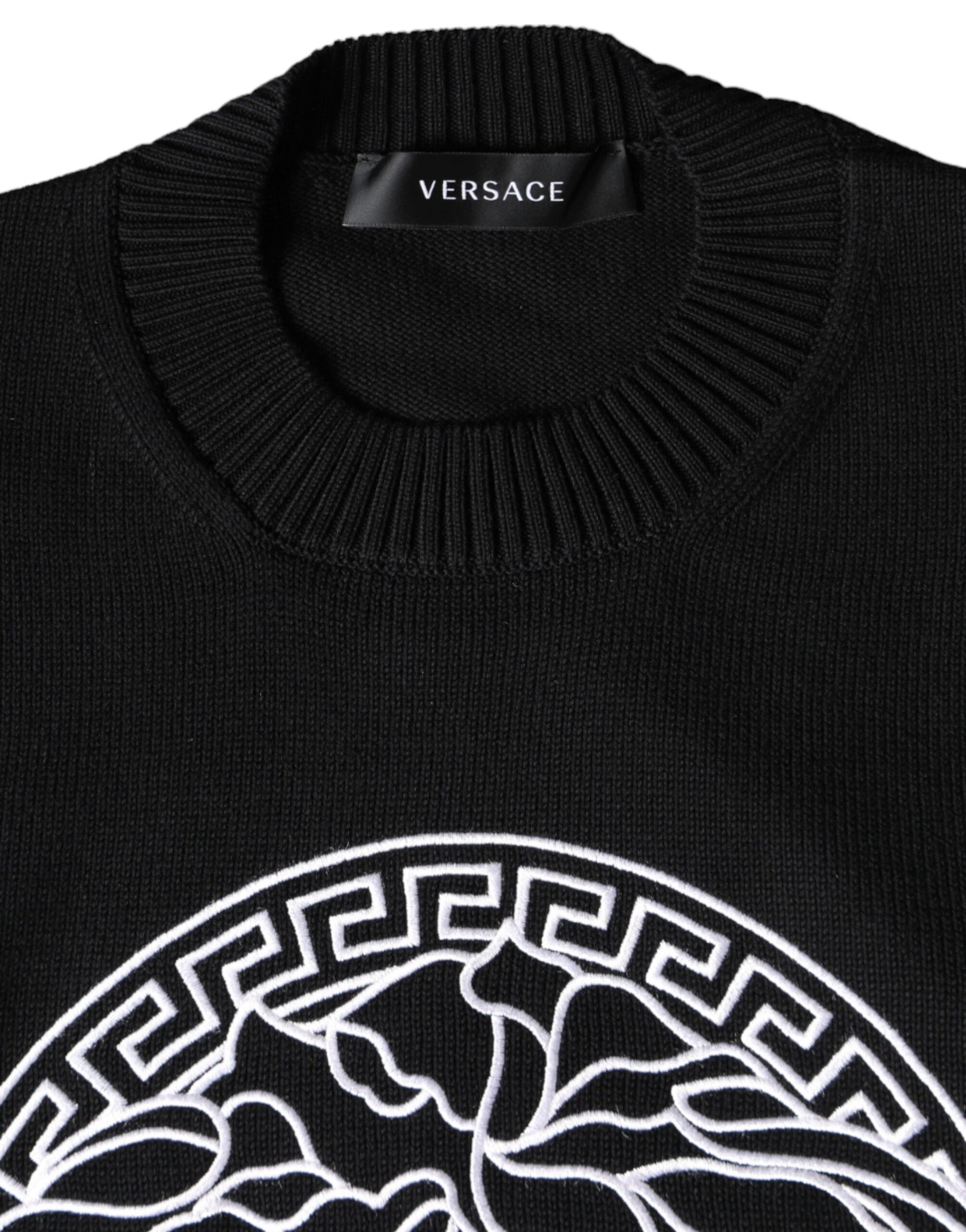 Black Medusa Embroidery Crew Neck Pullover Sweater - GLAMHUB BOUTIQUE 