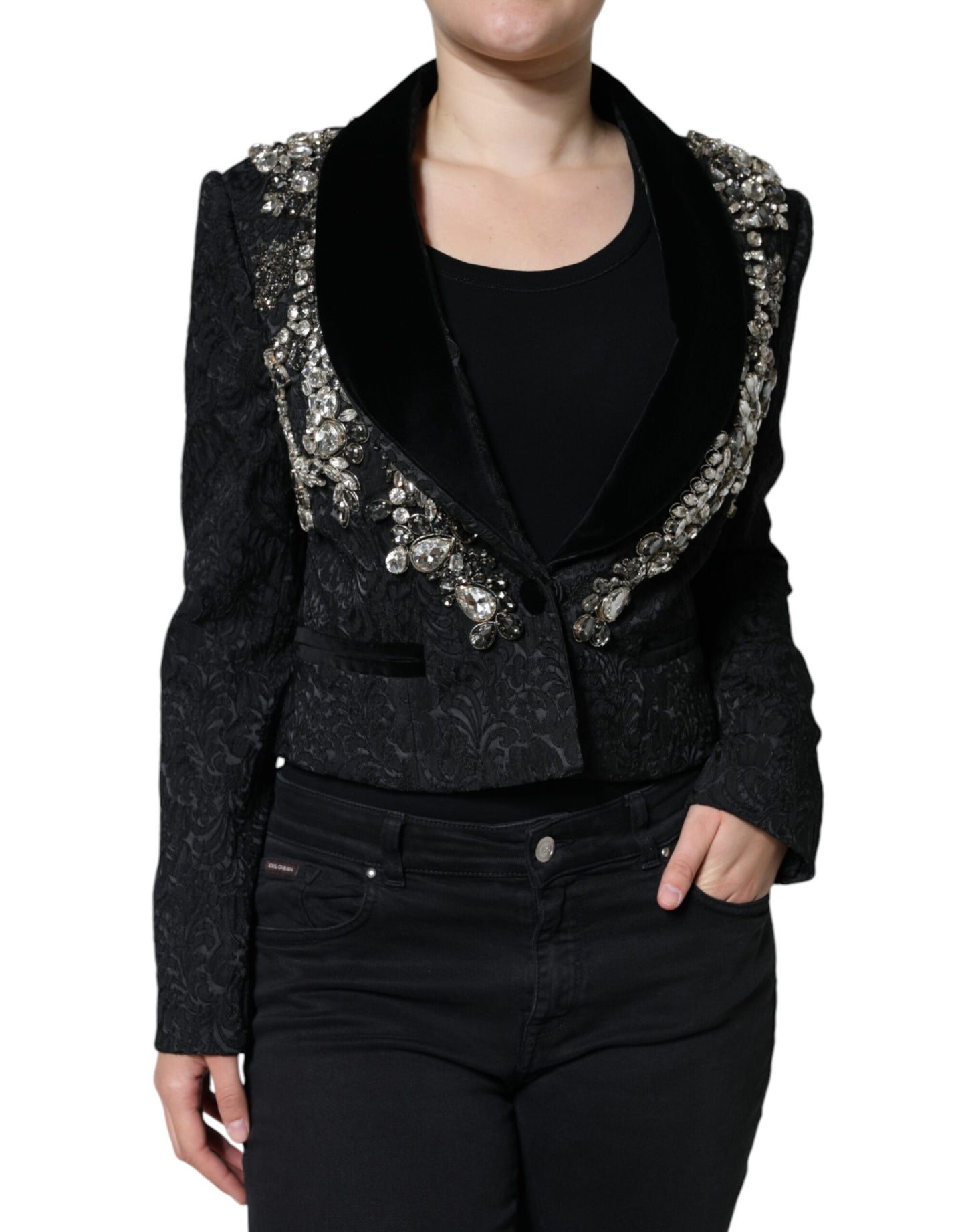 Schwarzer Jacquard-Blazer mit Kristallblumenmuster für Damen