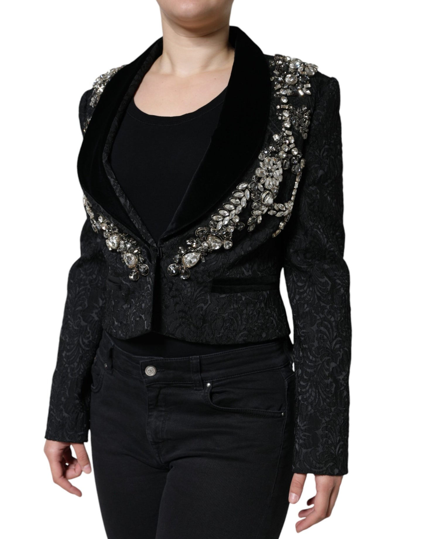 Schwarzer Jacquard-Blazer mit Kristallblumenmuster für Damen