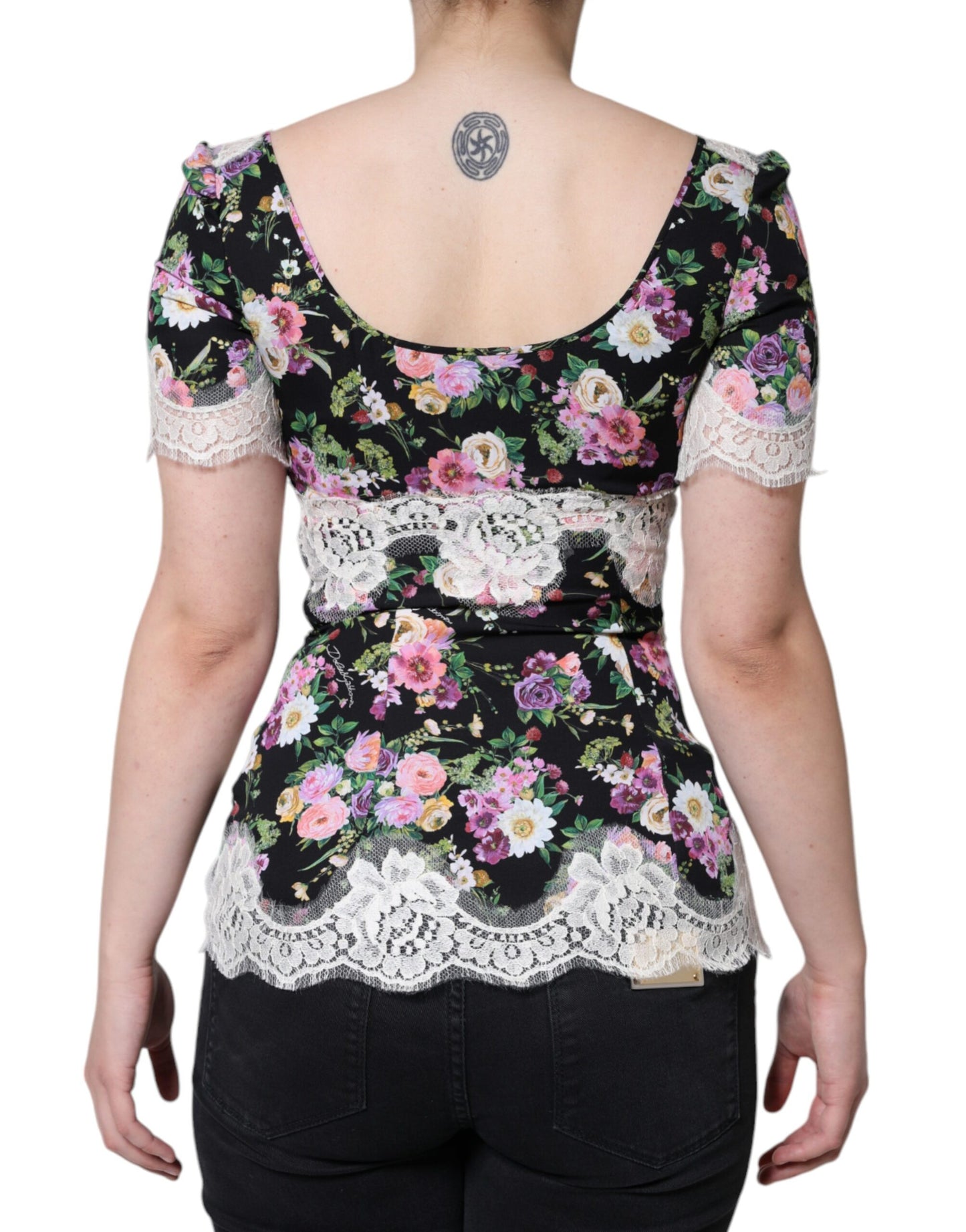 Black Floral Lace Short Sleeves Blouse Top