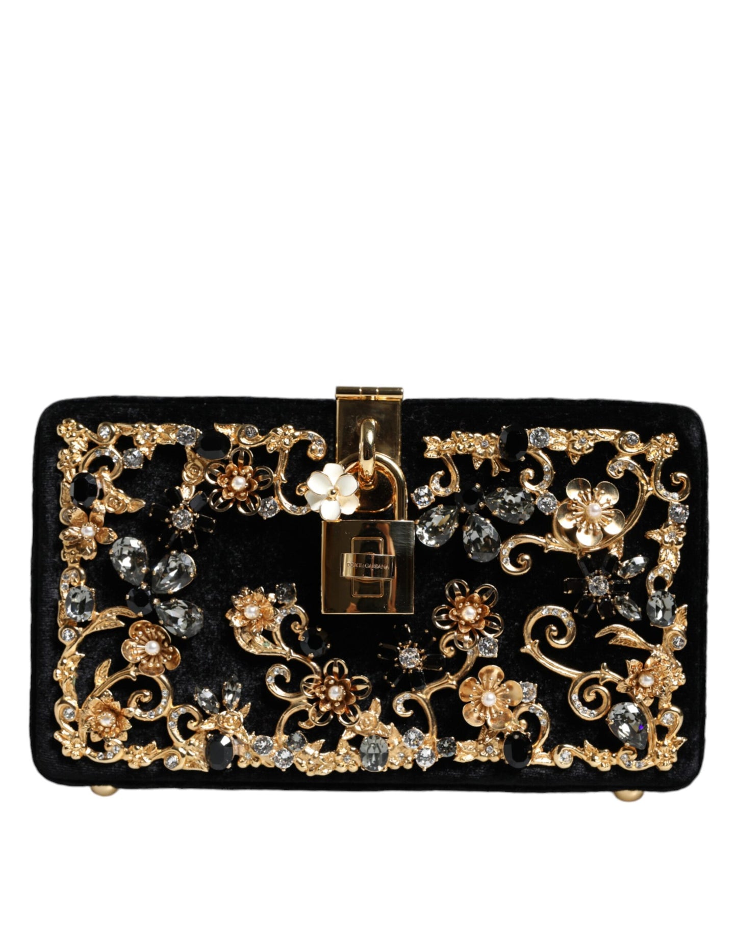 Schwarze Clutch aus Samt mit Blumenmuster und Kristallen, für den Abend