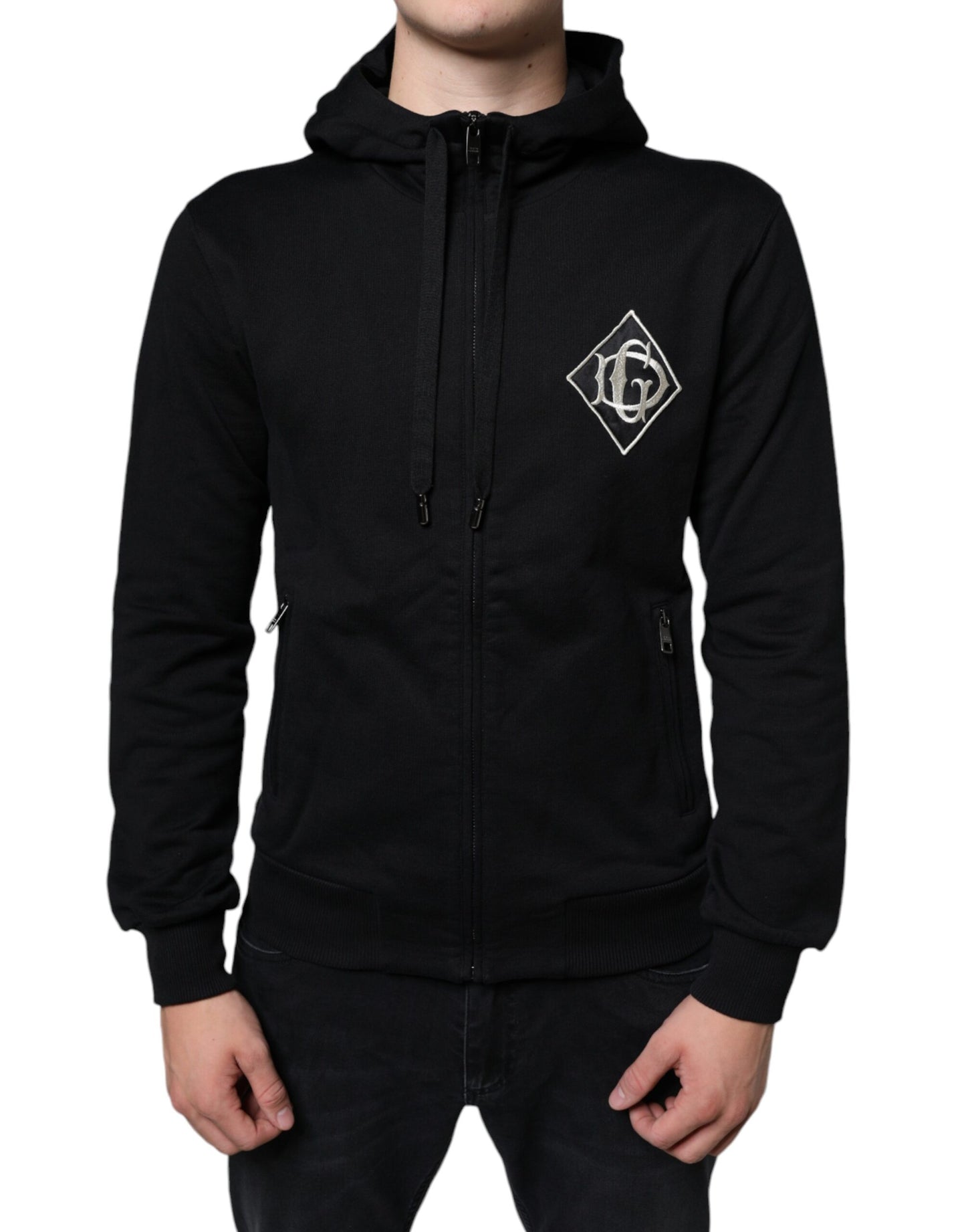 Black Cotton Hooded Logo Full Zip Sweater